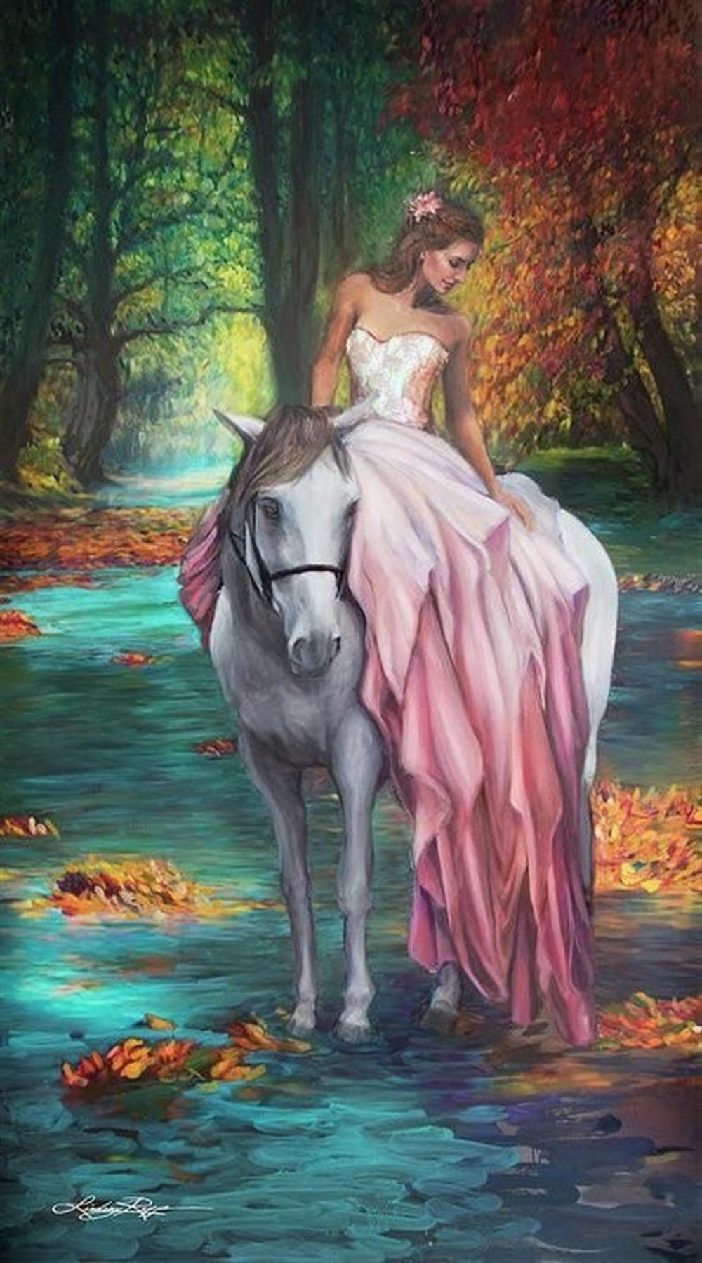 Marcel Sanat Sihirli Ormanda Peri ve Beyaz Atı Elmas Mozaik Tablo 33x60cm