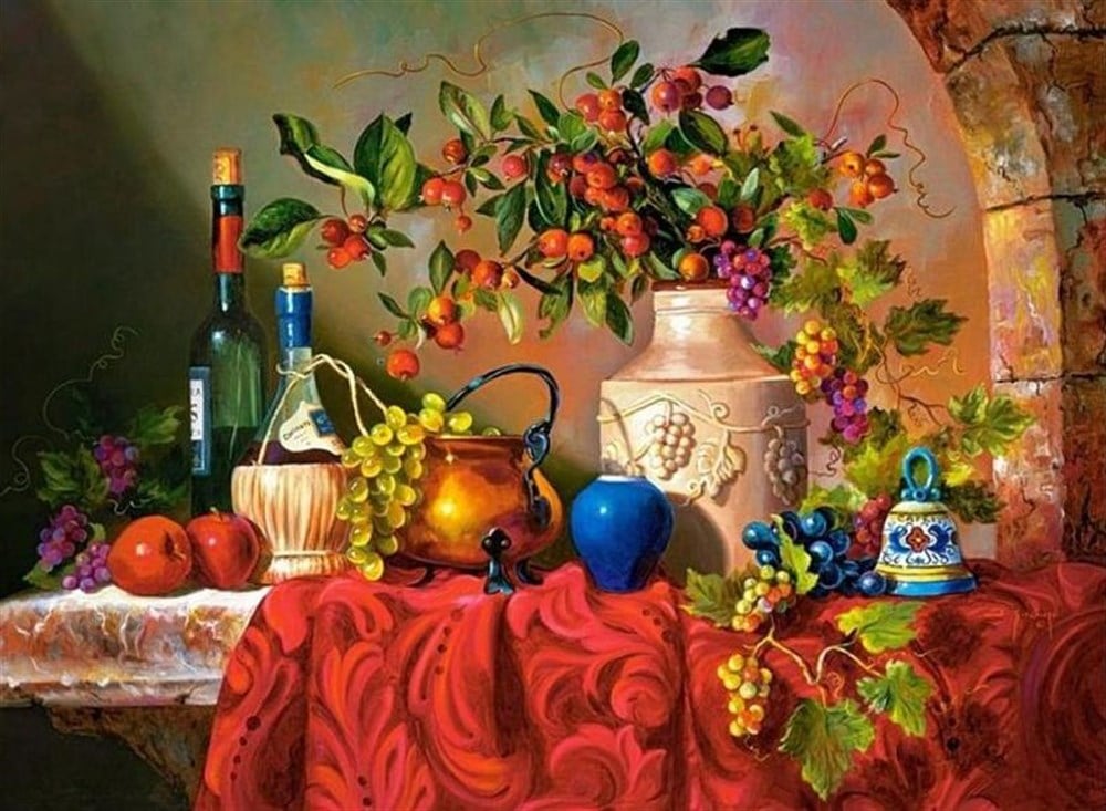 MUTFAKMarcel Sanat Elmas Mozaik Tablo & Diamond Painting TurkeyM20176003Kırmızı Örtünün Üzerindeki Meyveler Ve Objeler Marcel Sanat Elmas Mozaik Tablo 69X51cm