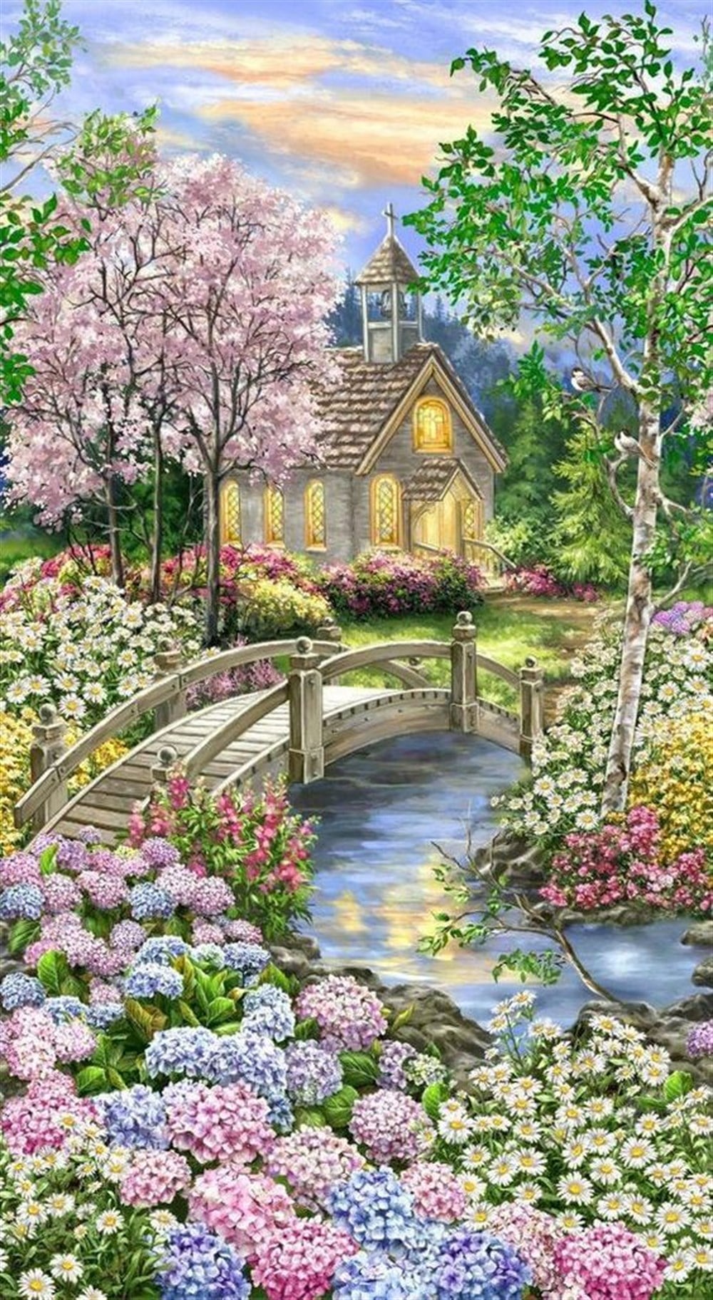 Ortancalarla Süslü Bahçede Küçük Ahşap Ev Tablosu 41x74 cm