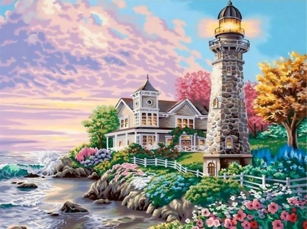 Taş Deniz Feneri ve Dalga Elmas Mozaik Tablo 53x40cm