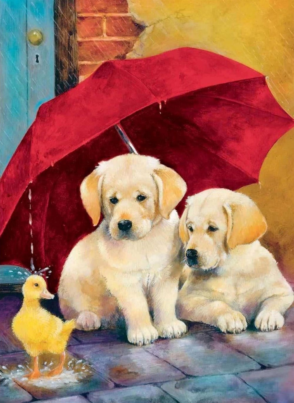 Yağmurda Sevimli Dostlar Elmas Mozaik Tablo 35x48cm