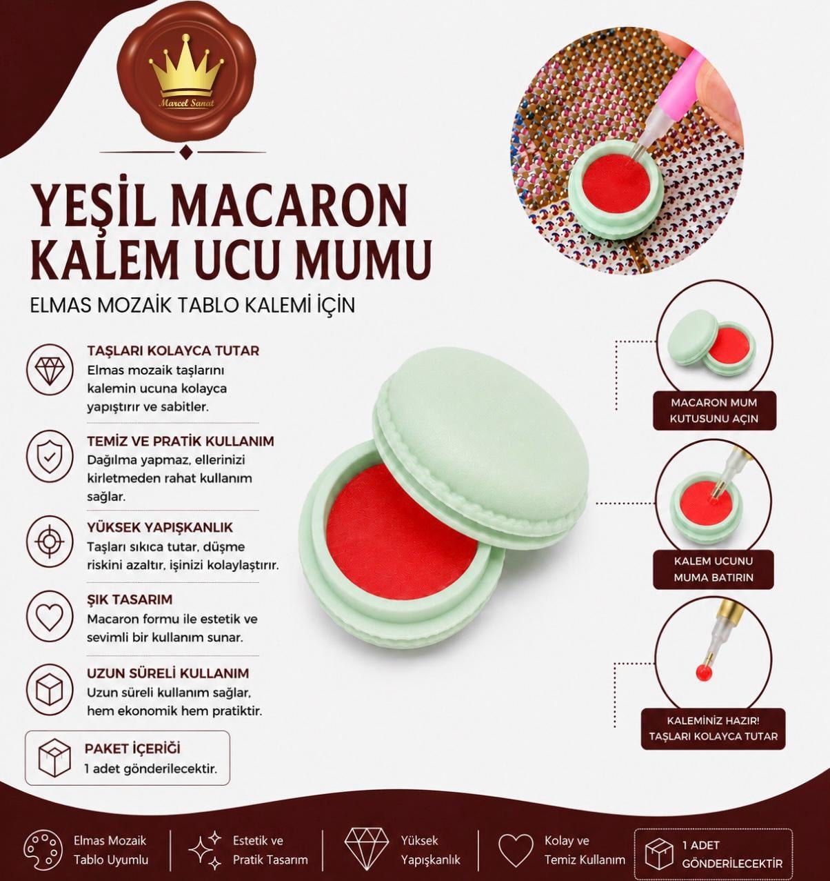 Yeşil Macaron Kalem Ucu Mumu Aksesuar | Marcel SanatAKSESUARMarcel Sanat Elmas Mozaik Tablo & Diamond Painting TurkeyM2017YEŞİLMCRNMARCEL Yeşil Macaron Kalem Ucu Mumu 