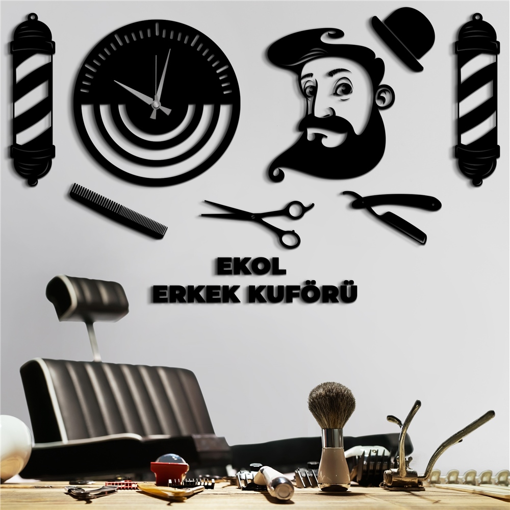 Berber Shop Model Kişiye Özel Erkek Kuaför Dekor Saat Set