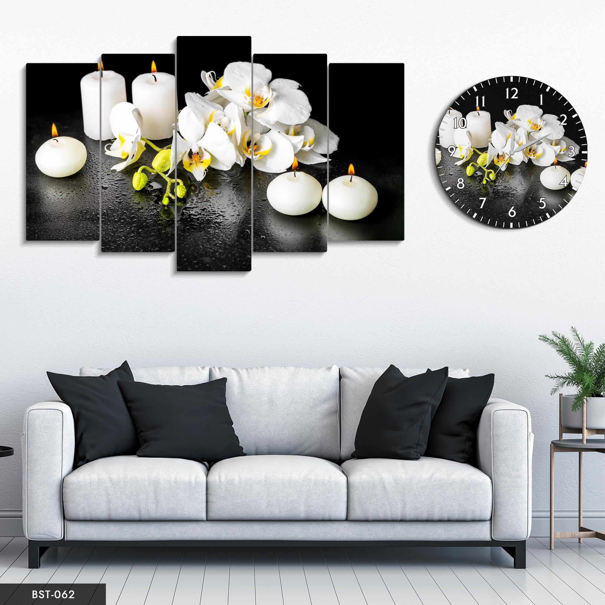 Beyaz Mumlar ve Çiçekler MDF Tablo Saatli Set