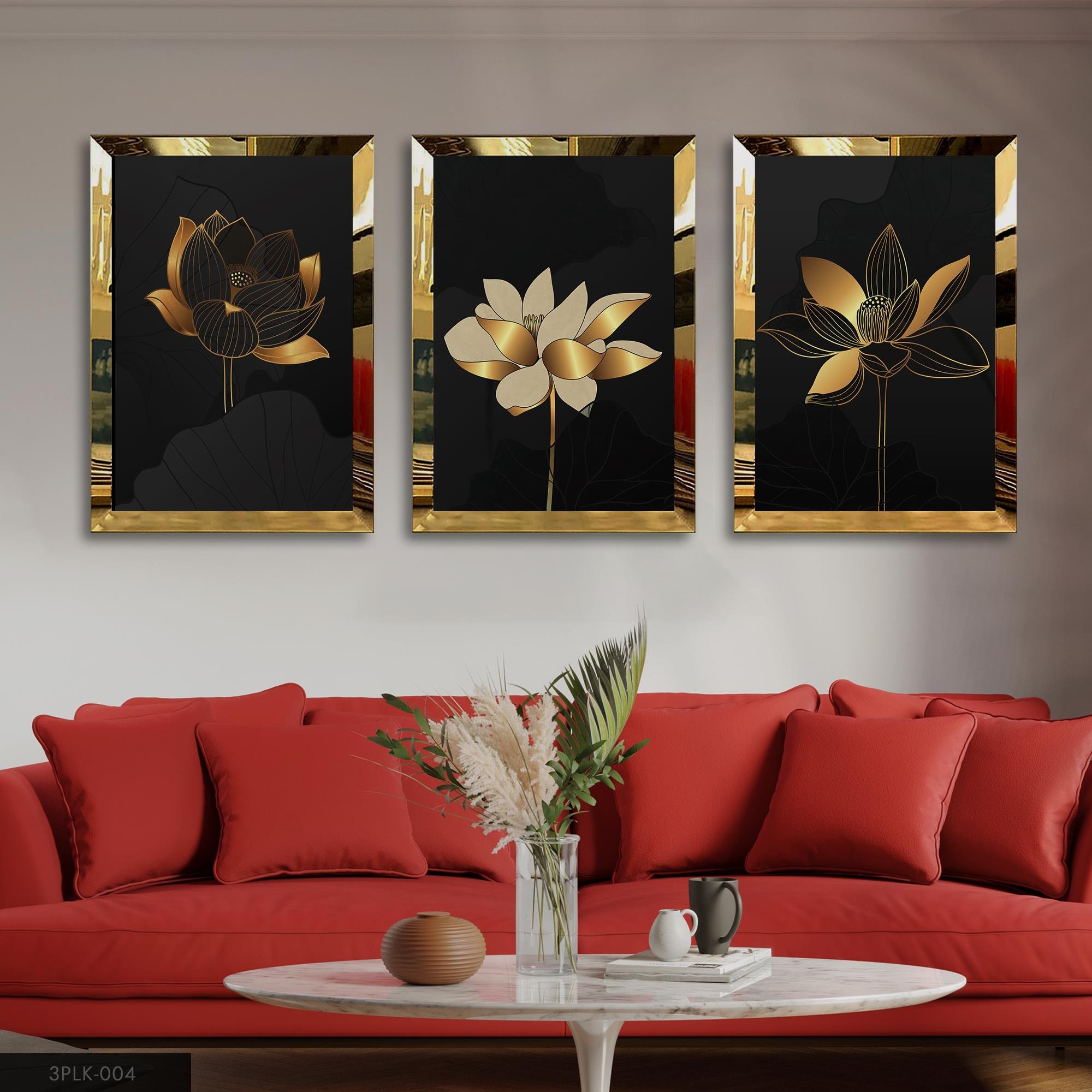 Çiçek ve Yaprak Desenleriyle Gold 3 Parça Pleksi Aynalı Tablo