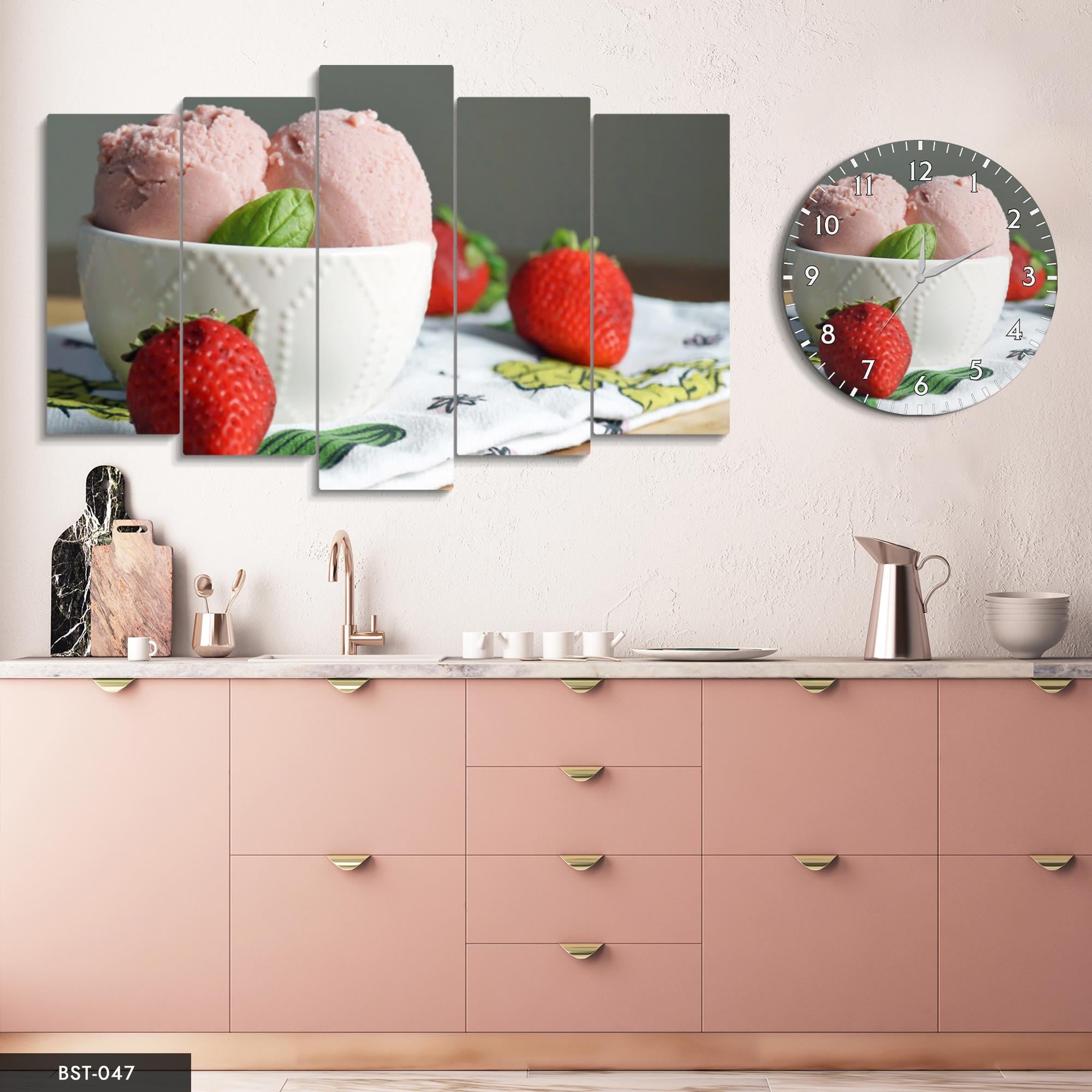 Çiçekli Dondurma MDF Tablo Saatli Set