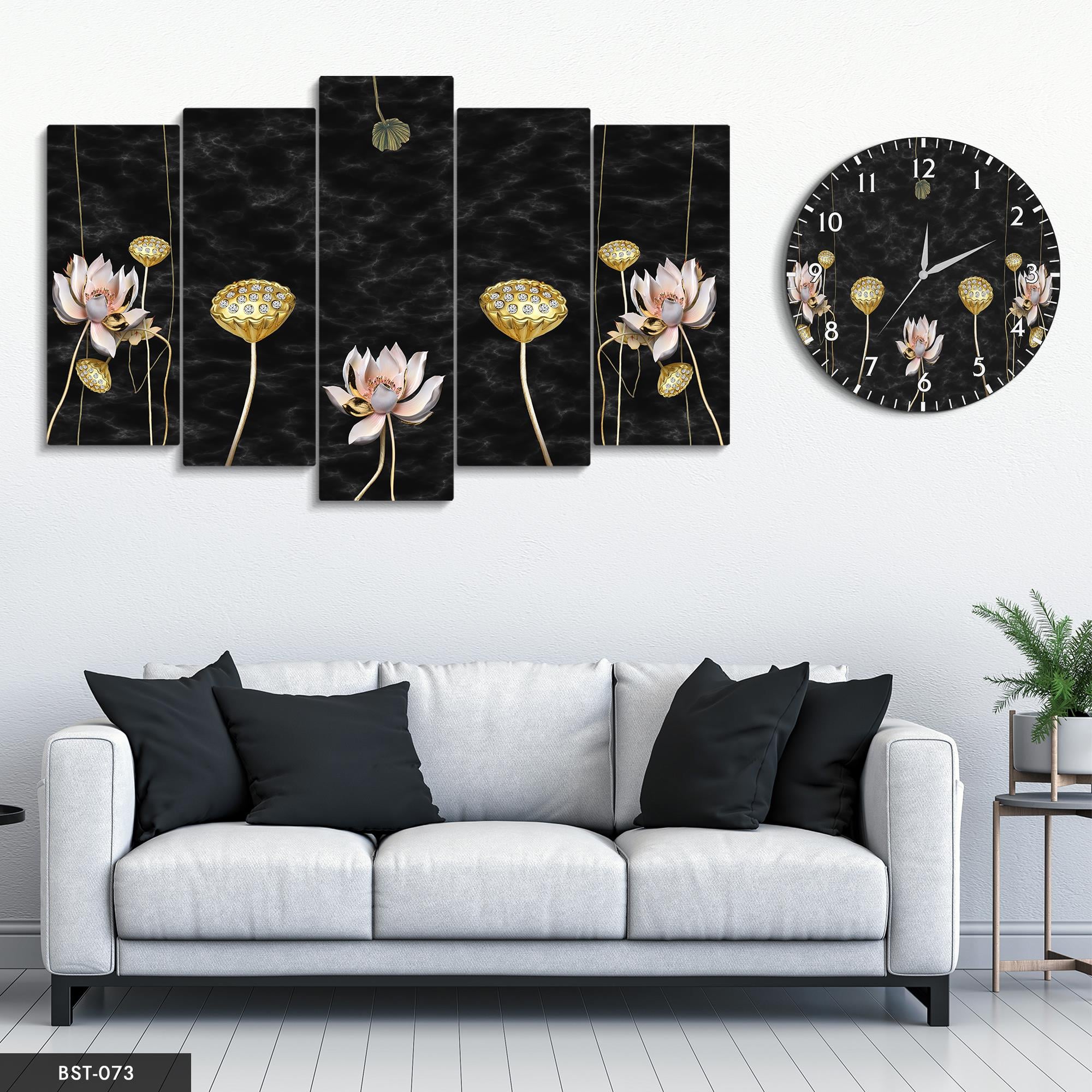 Gold Çiçekler MDF Tablo Saatli Set