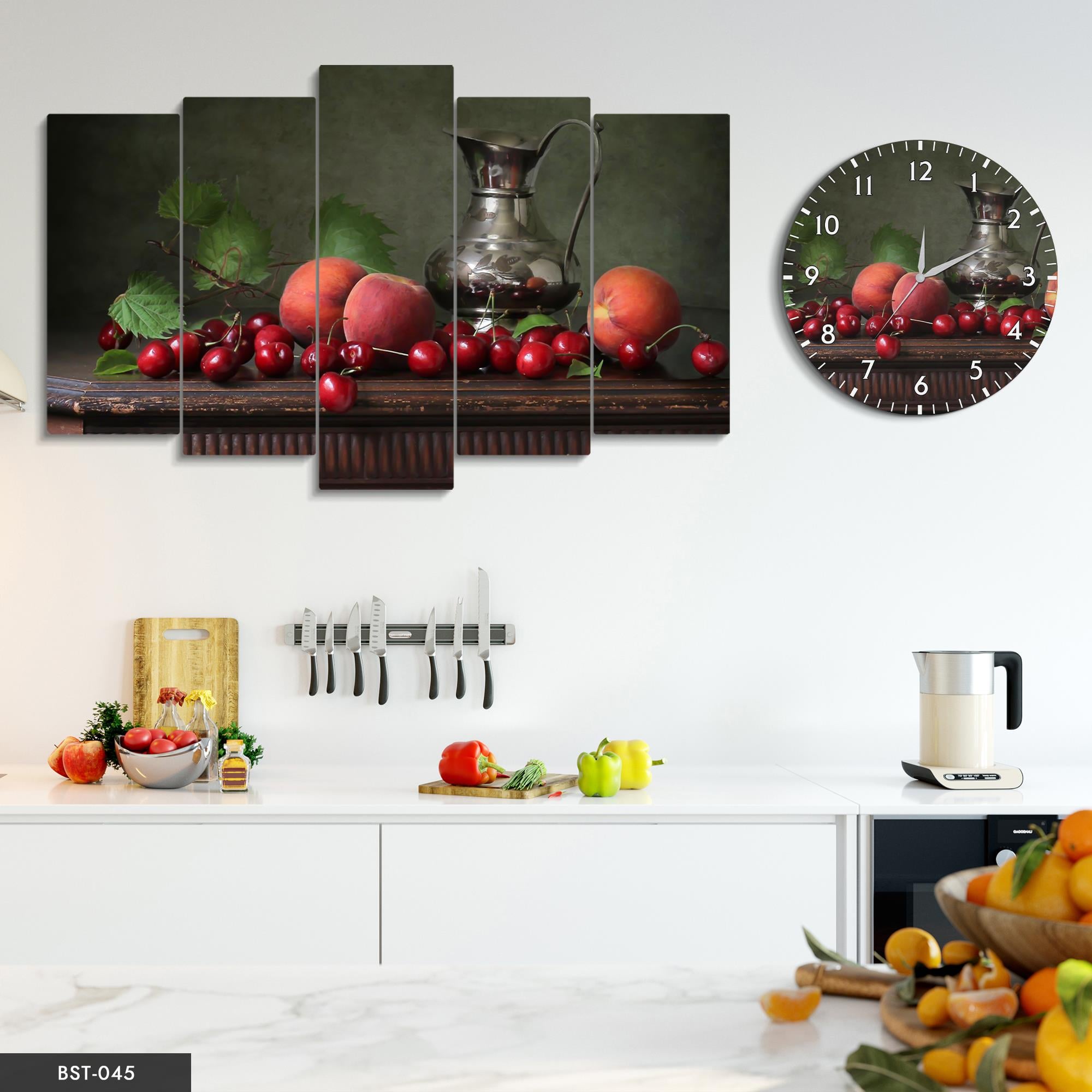 Kiraz ve Şeftali MDF Tablo Saatli Set