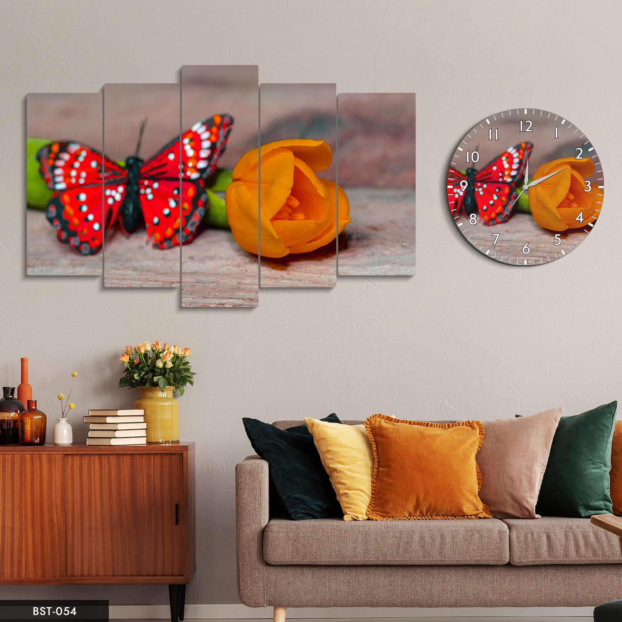 Kırmızı Kelebek MDF Tablo Saatli Set