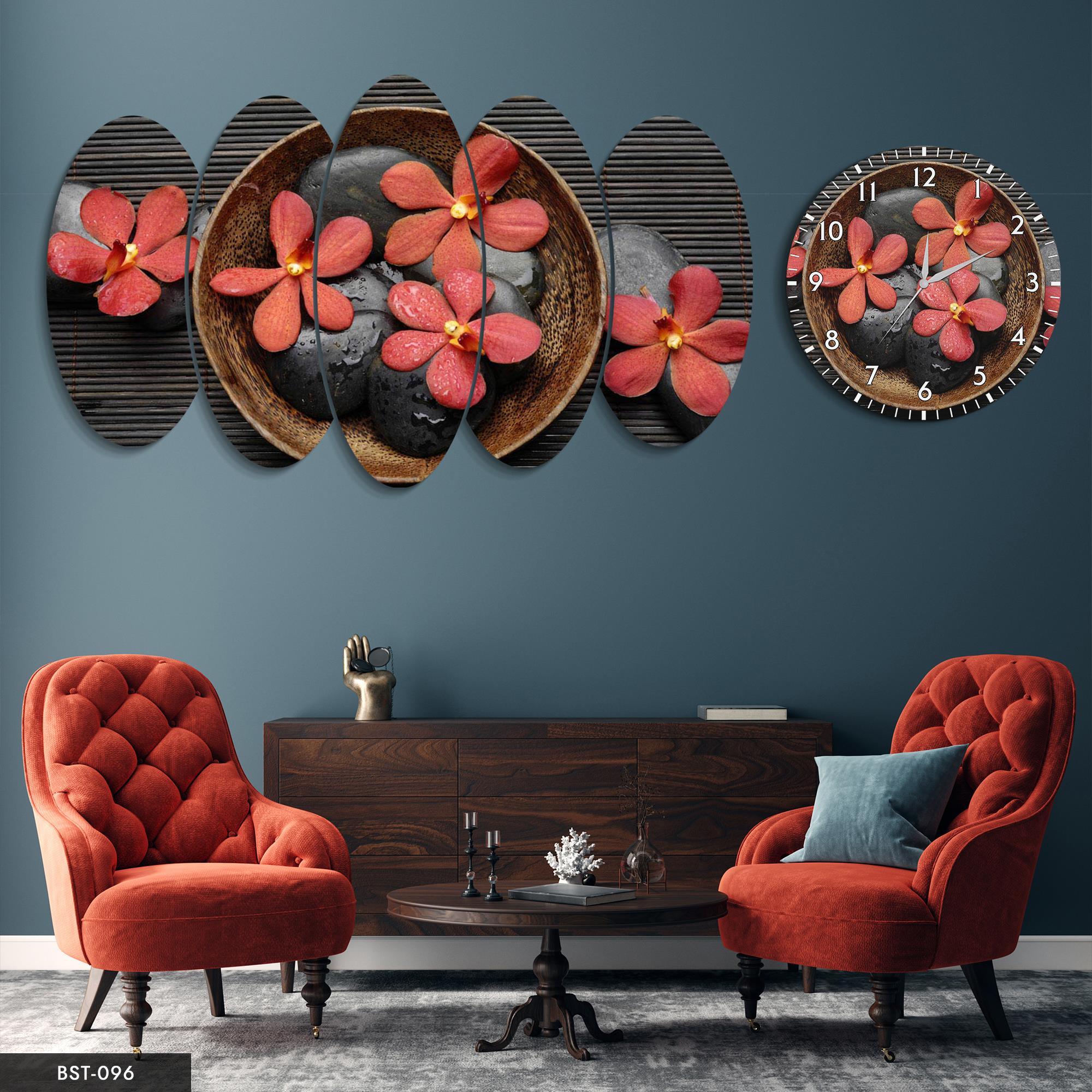 Kırmızı Taşlar Çiçekler MDF Tablo Saatli Set