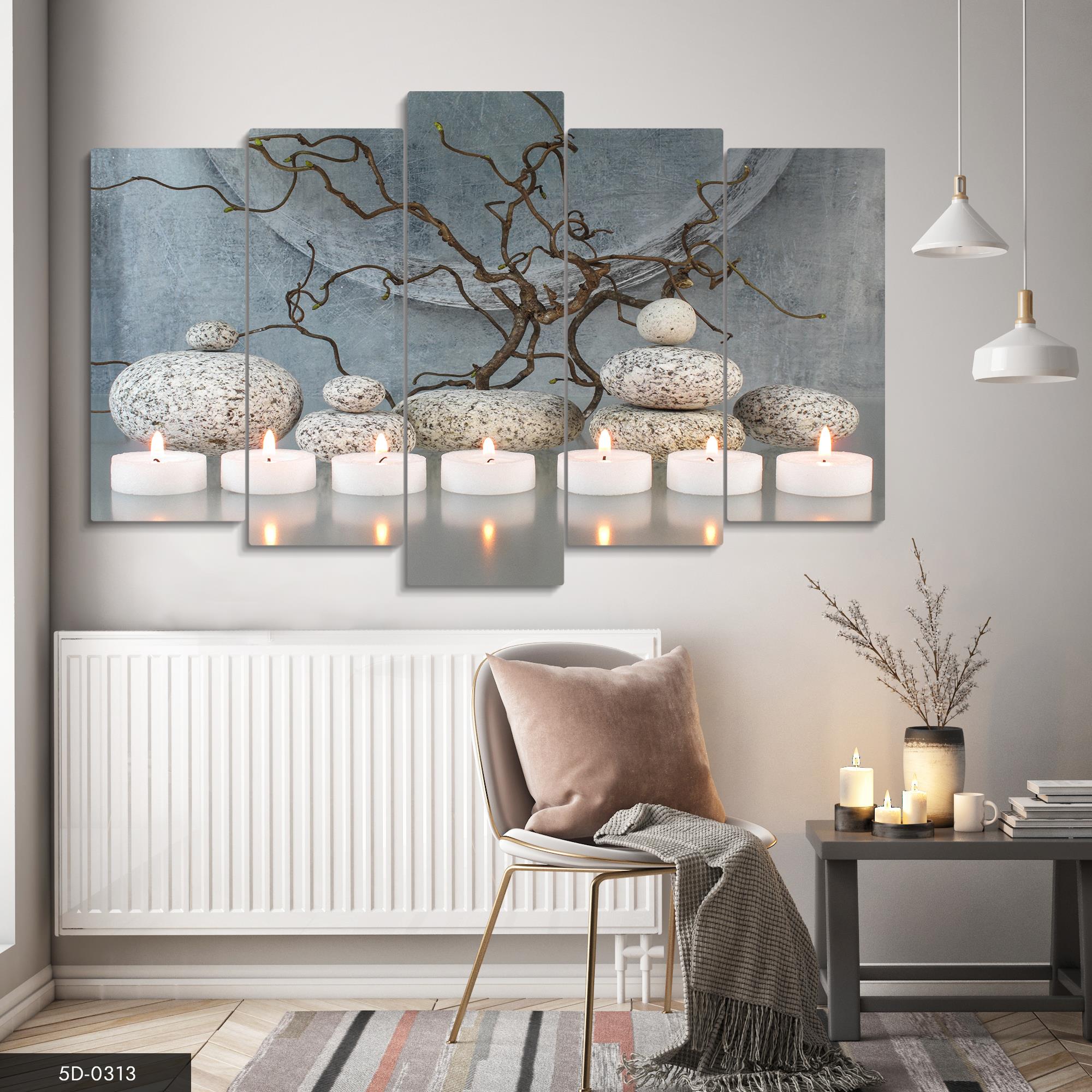 Mavi Dallar ve Mumlar Taşlar ile   5 Parçalı Mdf Tablo