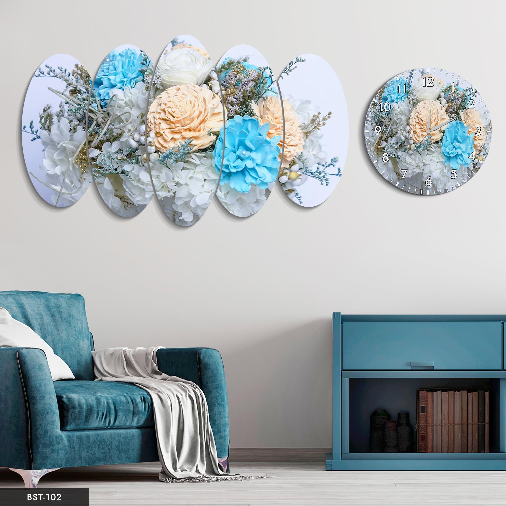 Mavi Renkli Çiçekler MDF Tablo Saatli Set