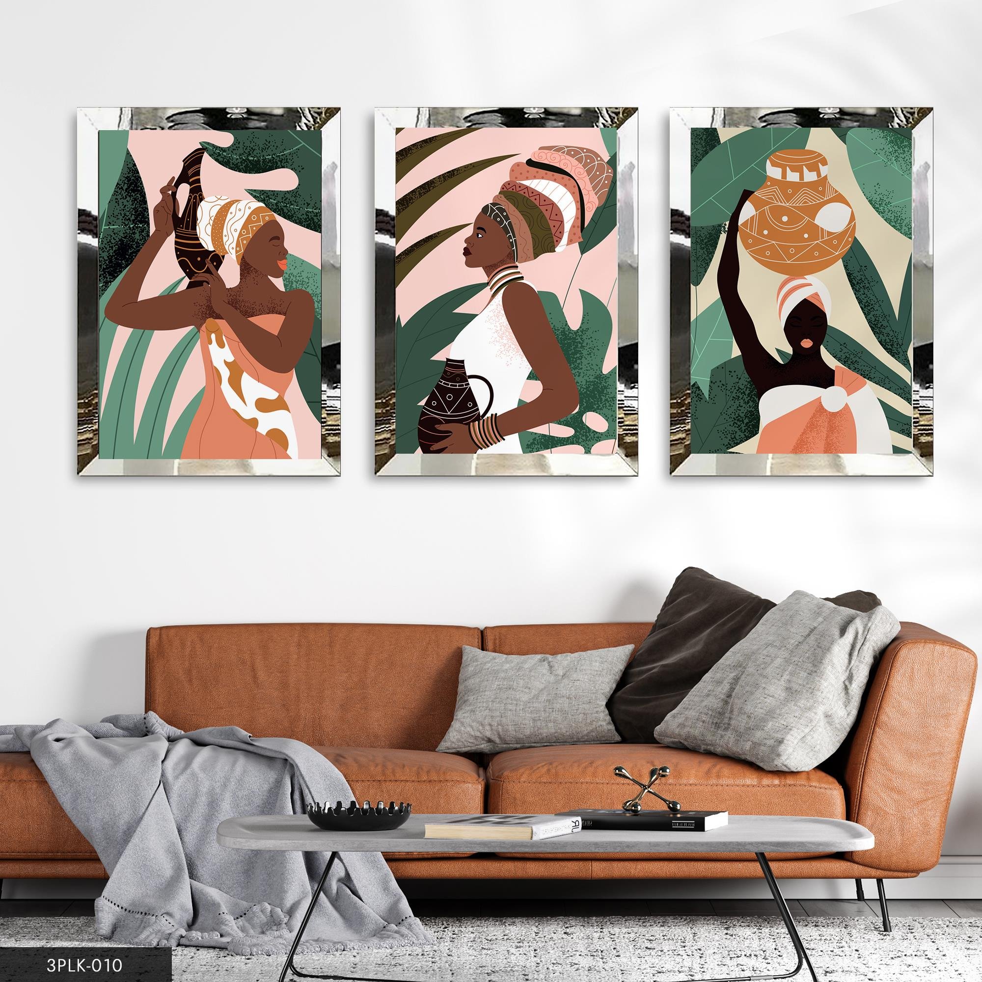Modern Sanat Siyah Kadın Portresi Gold 3 Parça Pleksi Aynalı Tablo