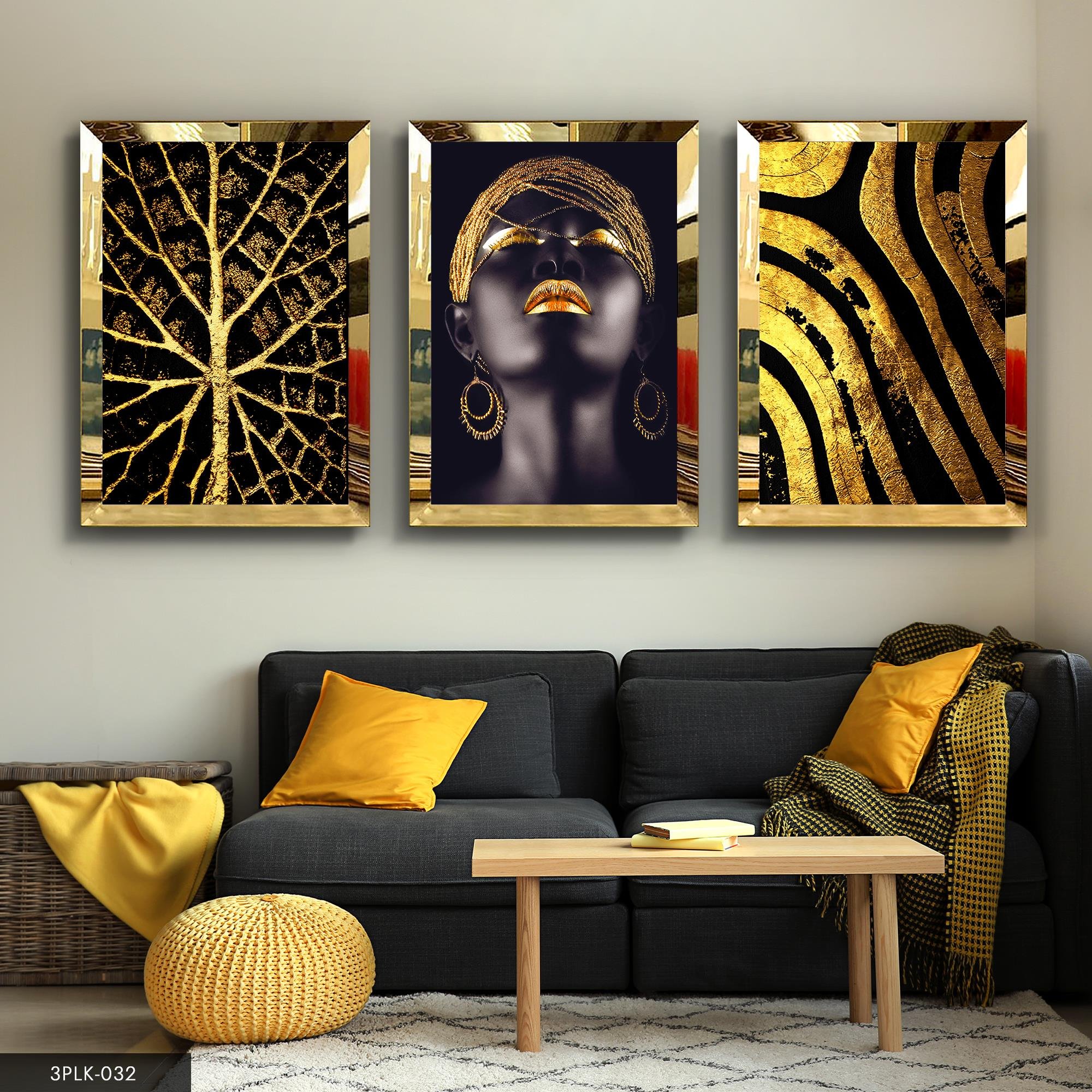 Modern Tasarlanmış Gold 3 Parça Pleksi Aynalı Tablo