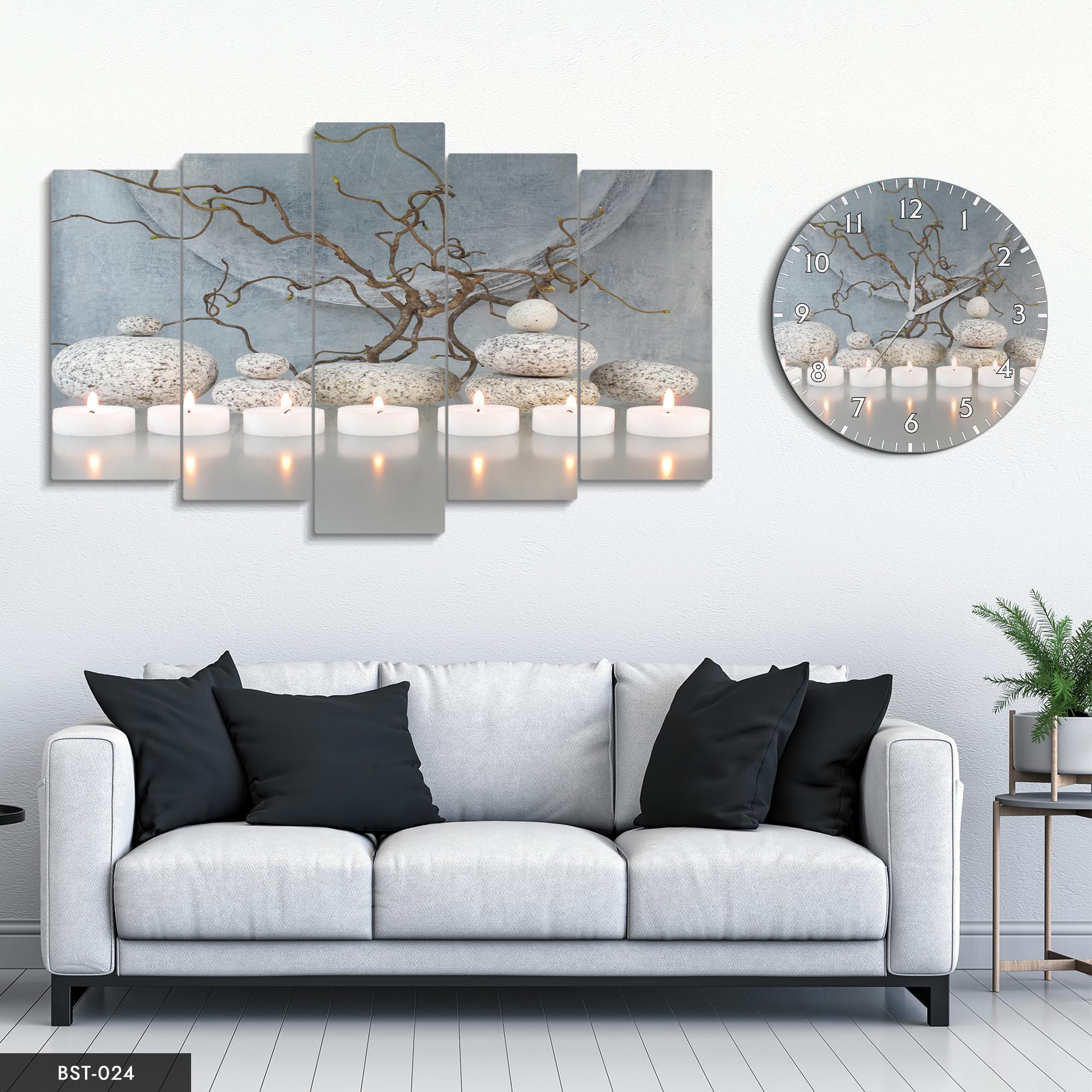 Mum Ve Taşlar MDF Tablo Saatli Set