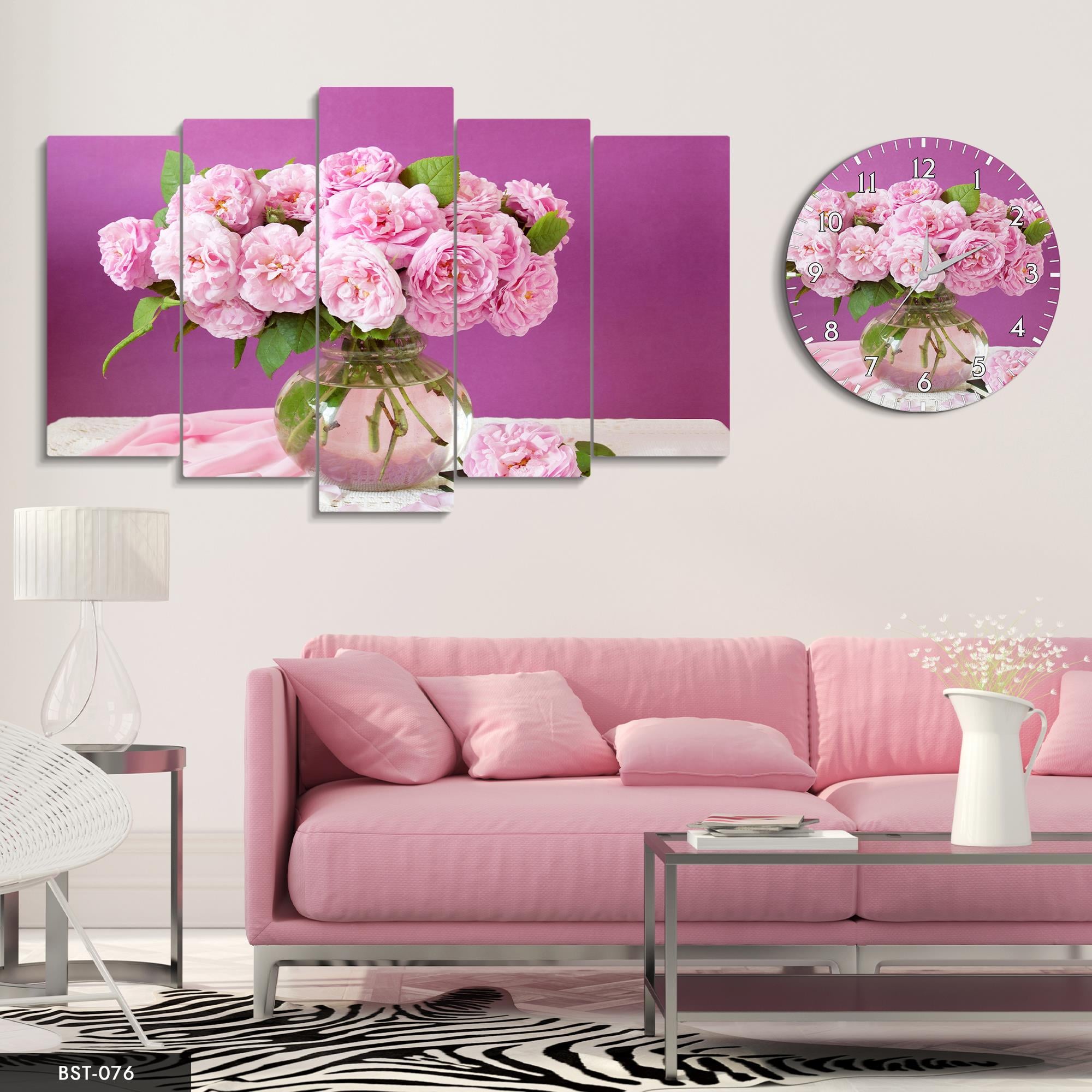 Pembe Çiçekler ve Vazo MDF Tablo Saatli Set