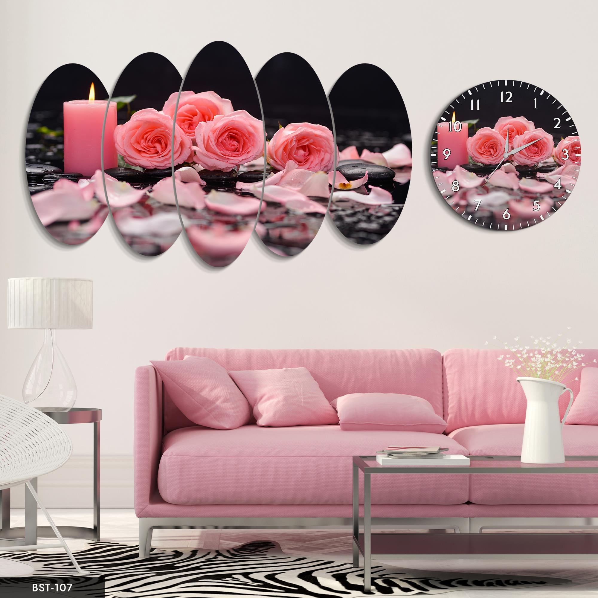 Pembe Mumlar Çiçek MDF Tablo Saatli Set