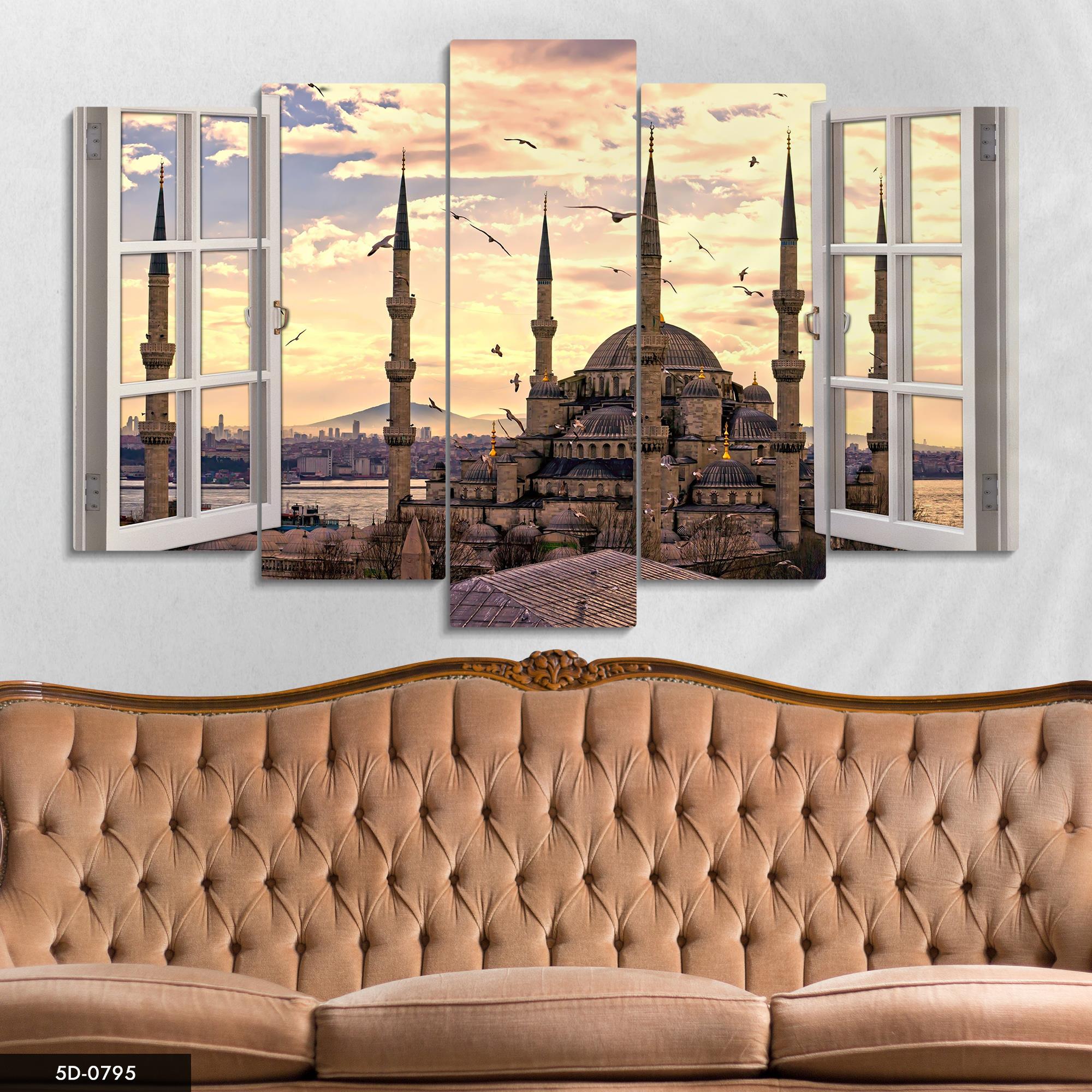 Pencereden Bakış Cami Temalı 5 Parçalı Mdf Tablo