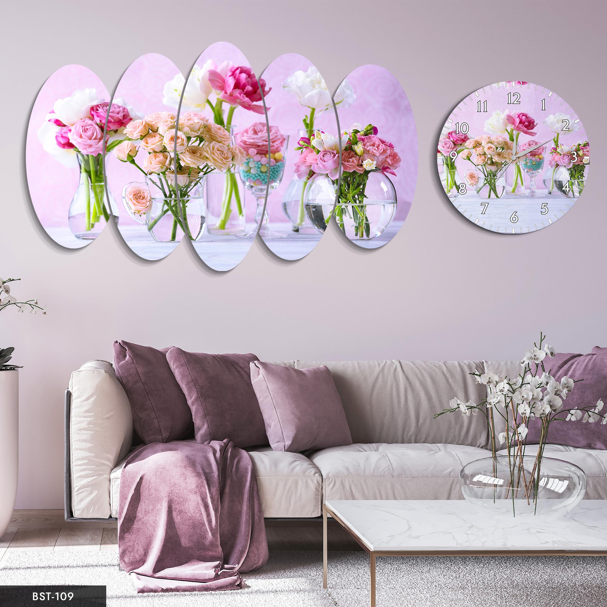 Rengarenk Bitkiler MDF Tablo Saatli Set