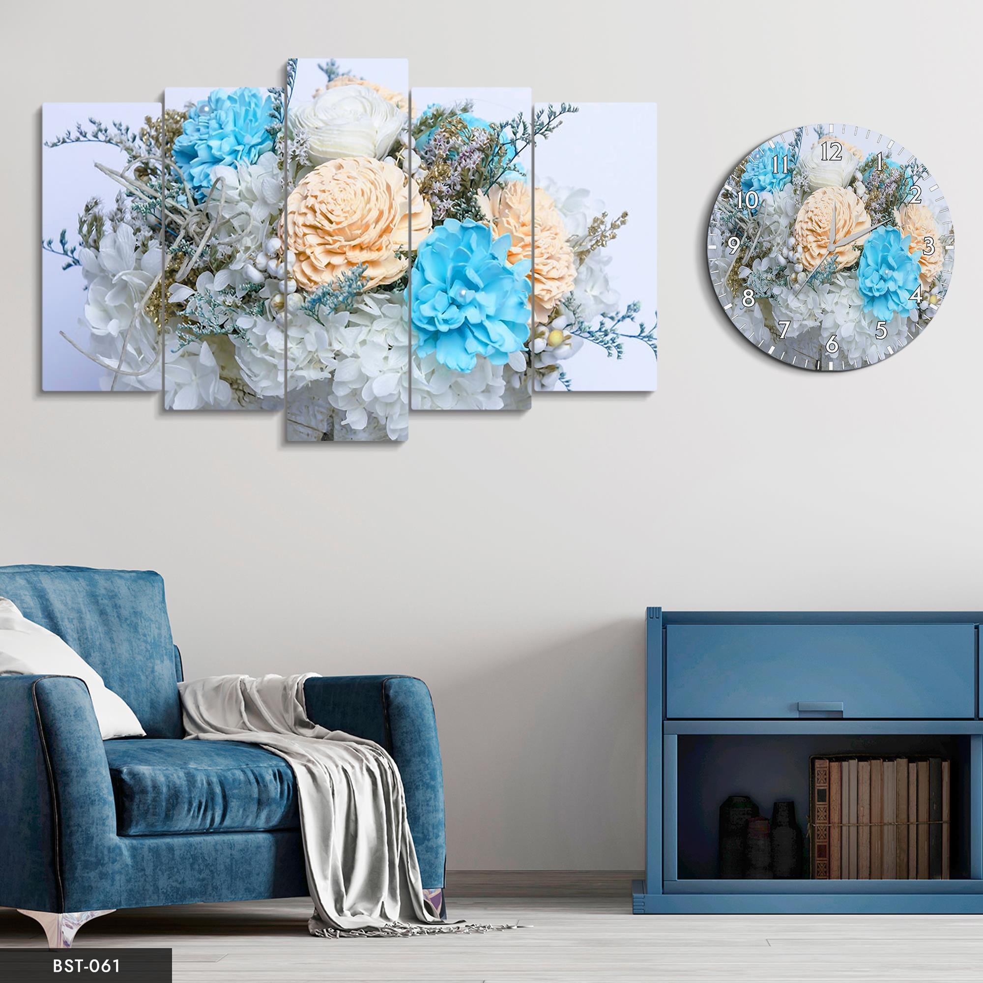 Renkli Çiçekler MDF Tablo Saatli Set