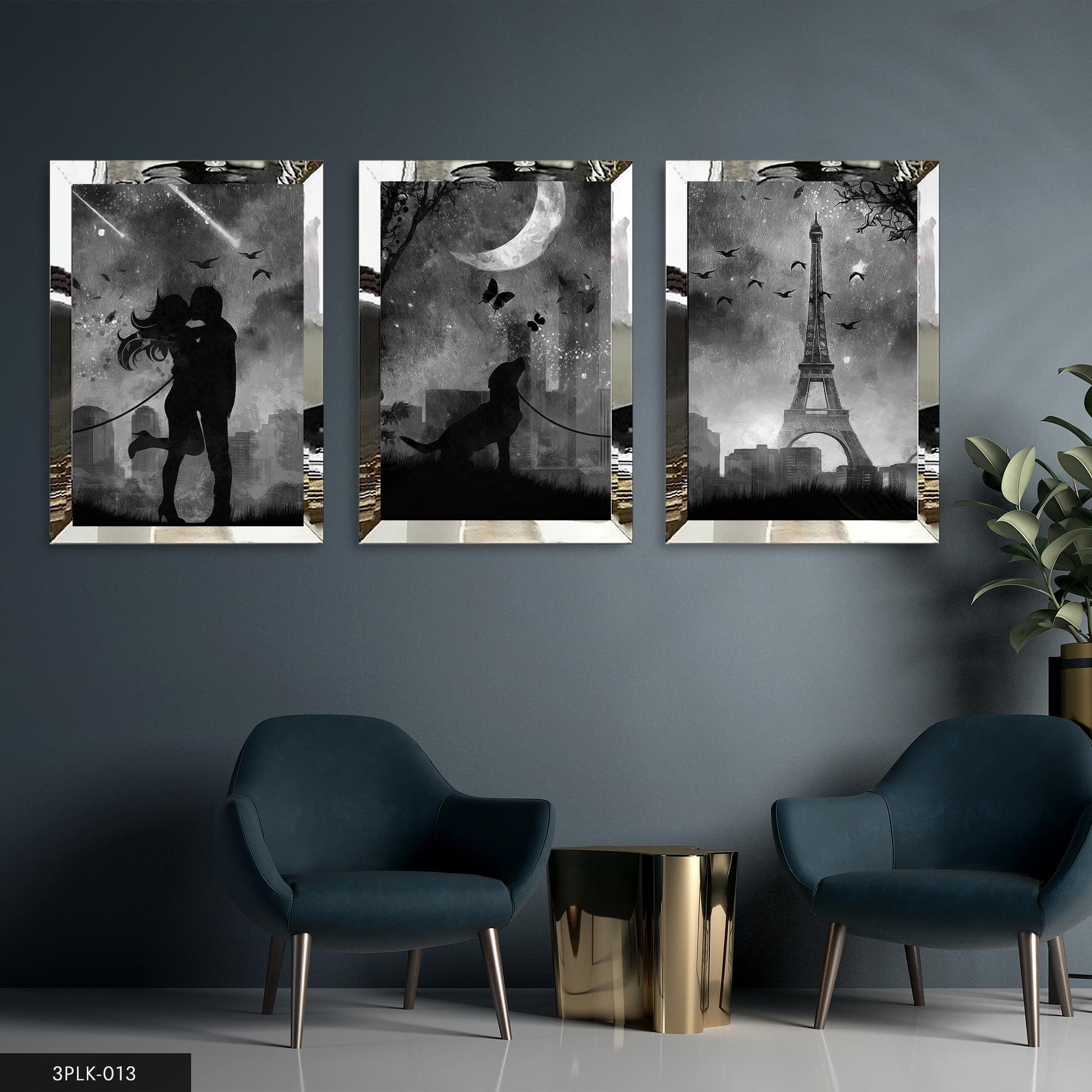 Romantik Atmosferle  Gold 3 Parça Pleksi Aynalı Tablo