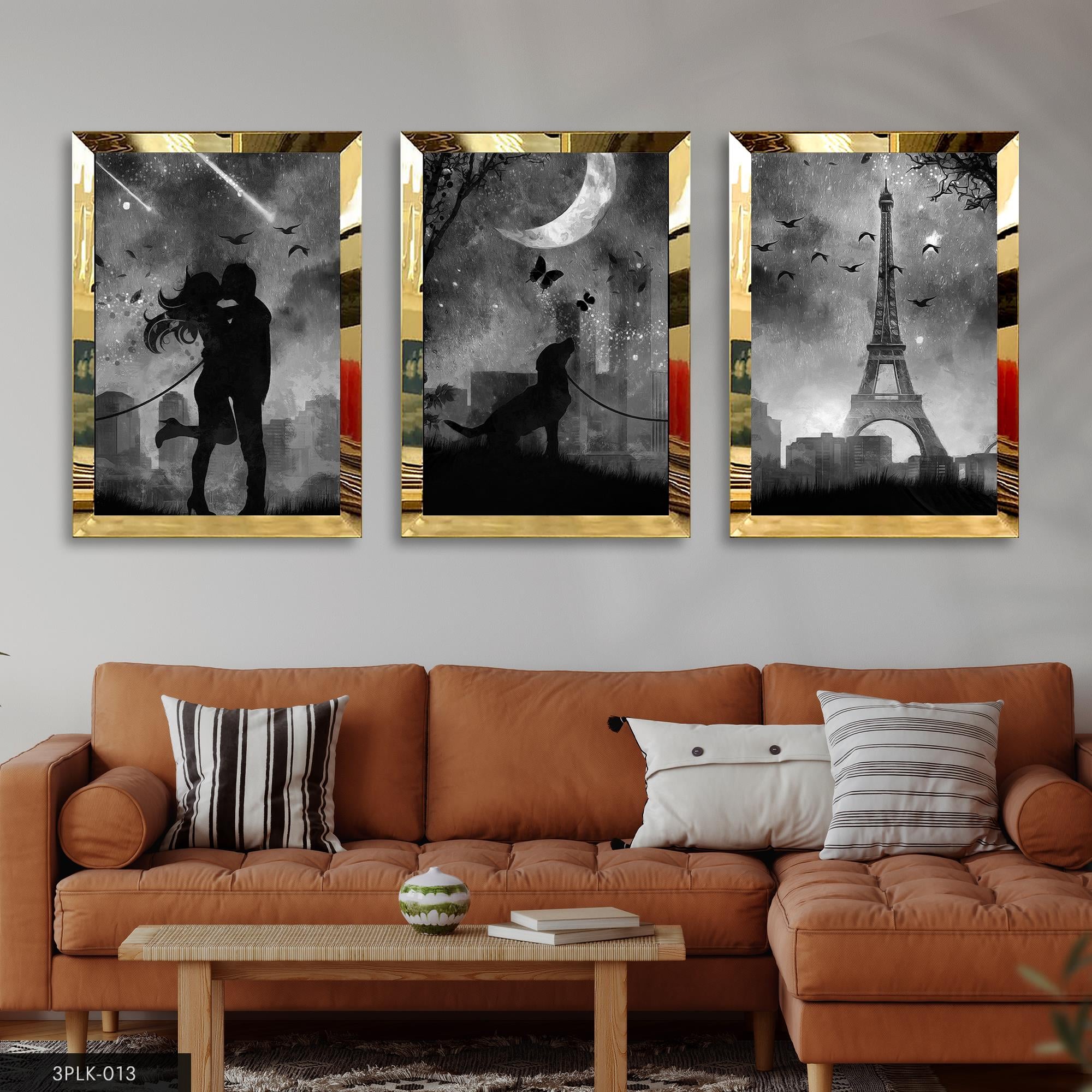 Romantik Atmosferle  Gold 3 Parça Pleksi Aynalı Tablo