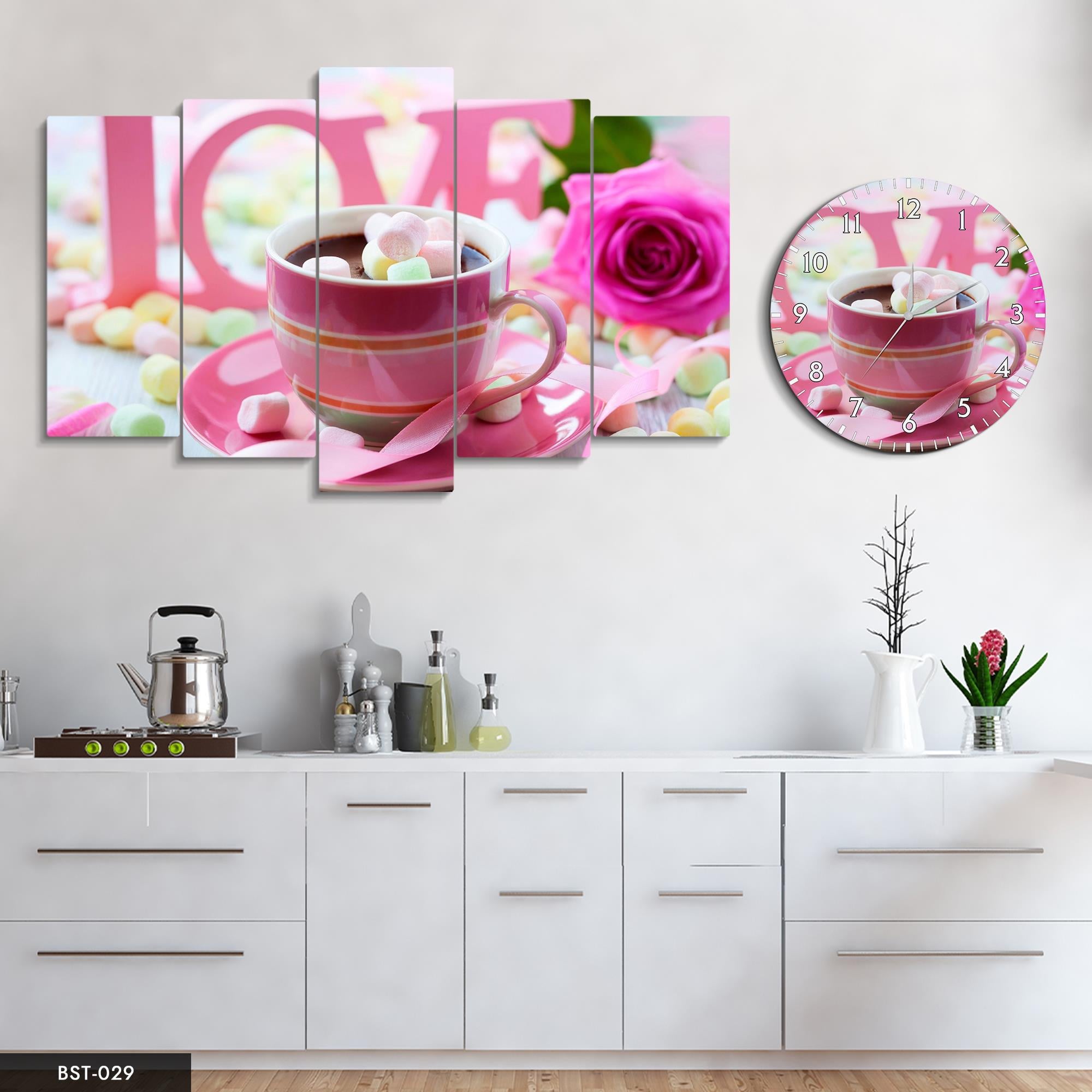 Süslenmiş Kahve MDF Tablo Saatli Set