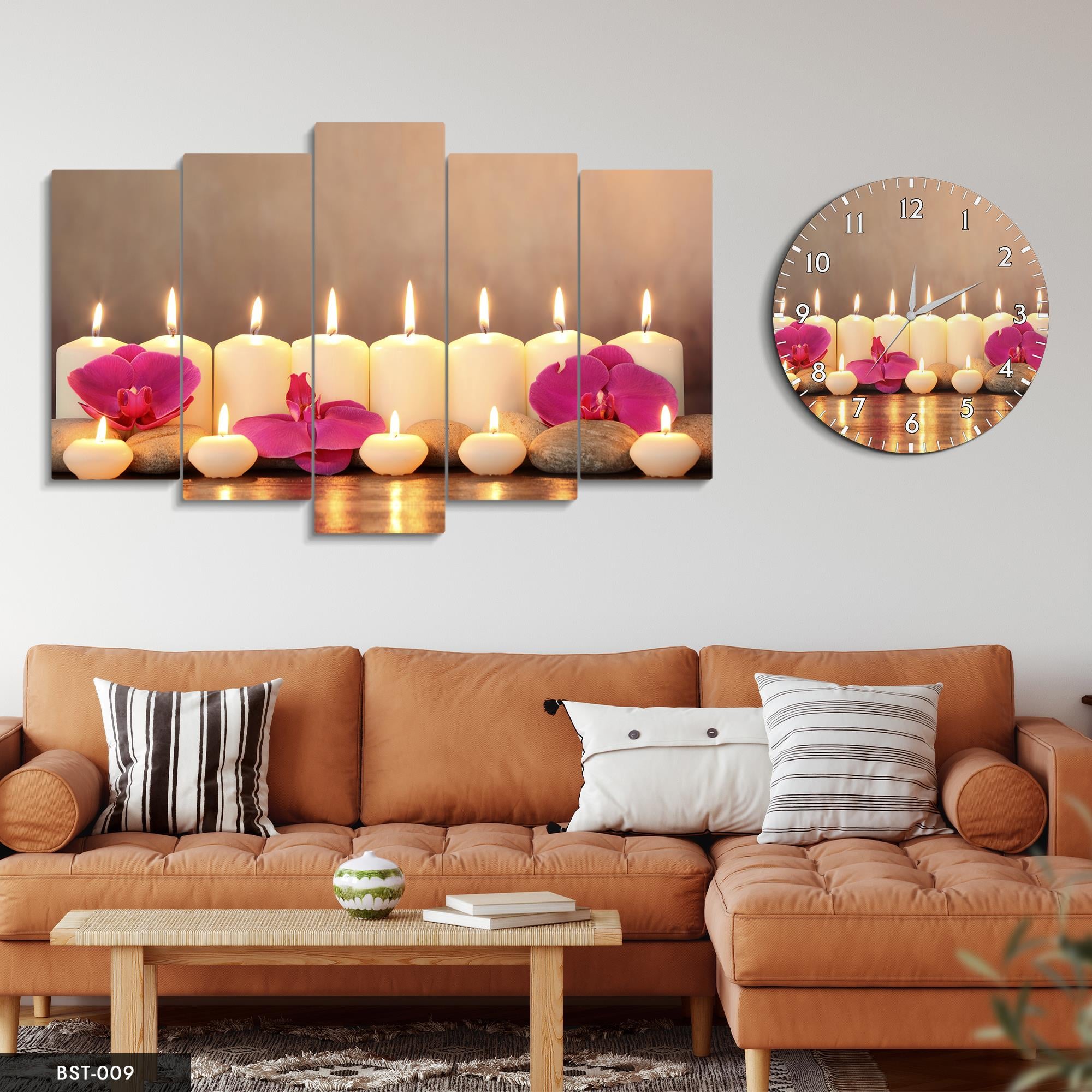 Süslenmiş Taşlar ile Yanan Mumlar MDF Tablo Saatli Set