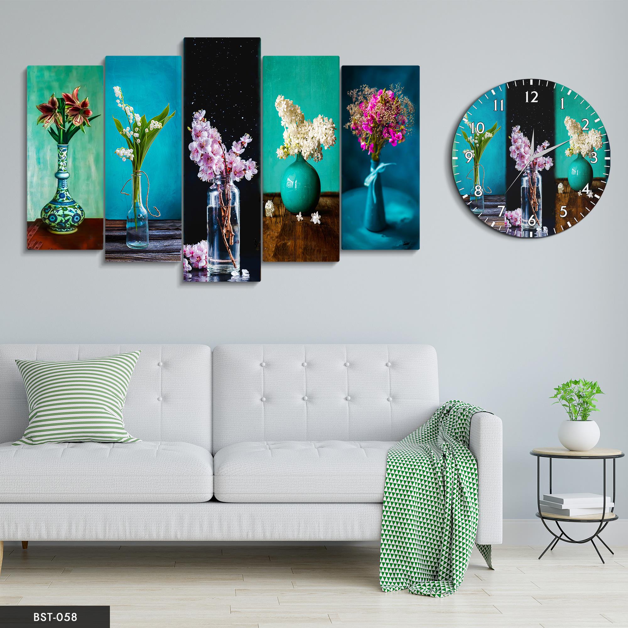 Vazoda Çiçekler MDF Tablo Saatli Set