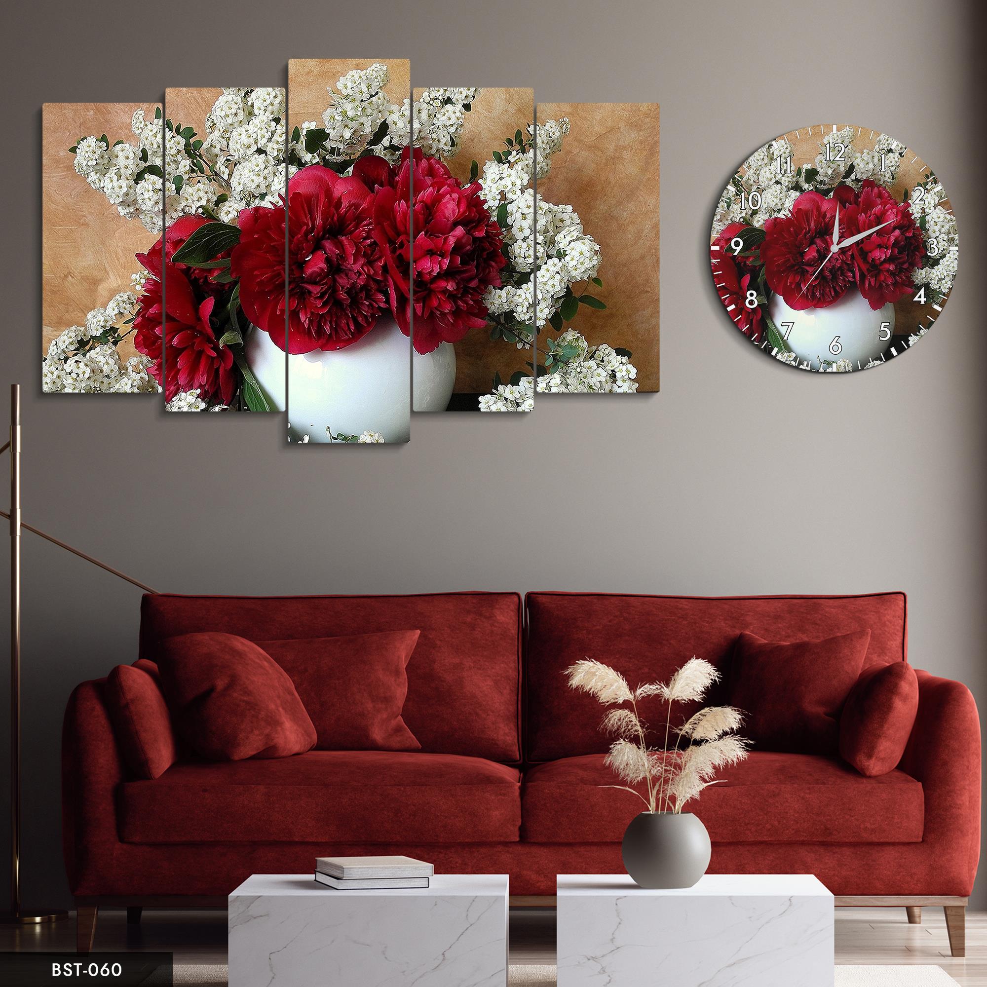 Vazoda Çiçekler MDF Tablo Saatli Set