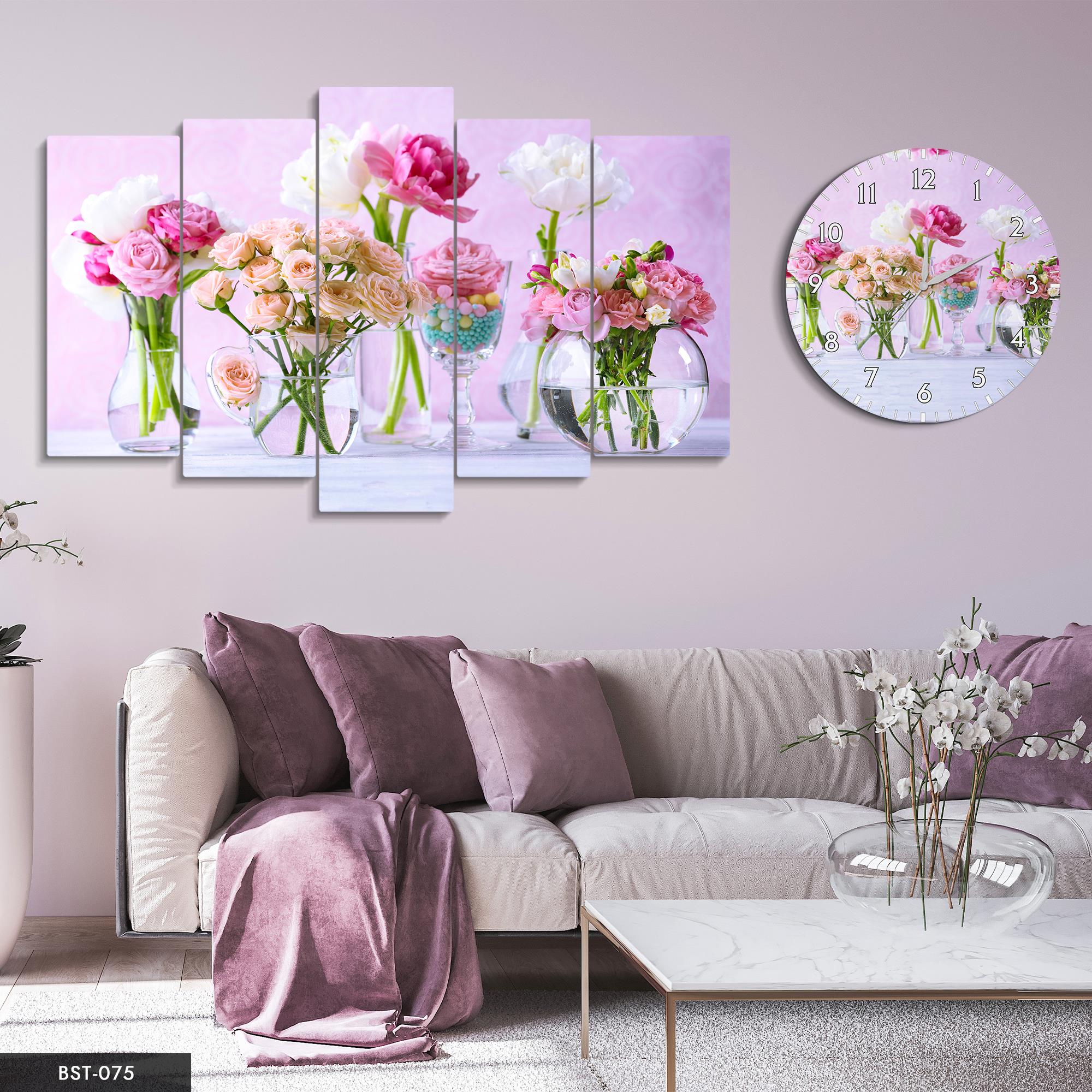 Vazolardaki Çiçekler MDF Tablo Saatli Set