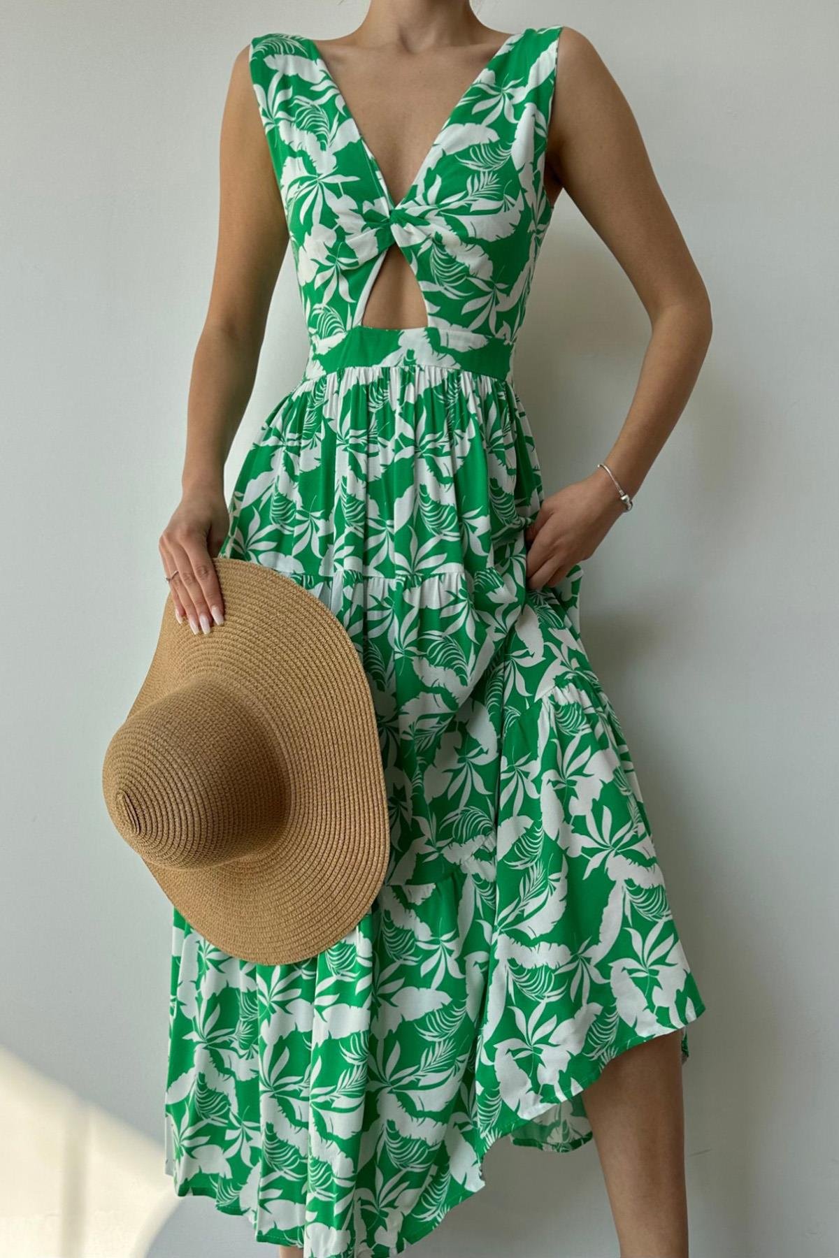 Bağlamalı Tasarım Elbise - Yeşil