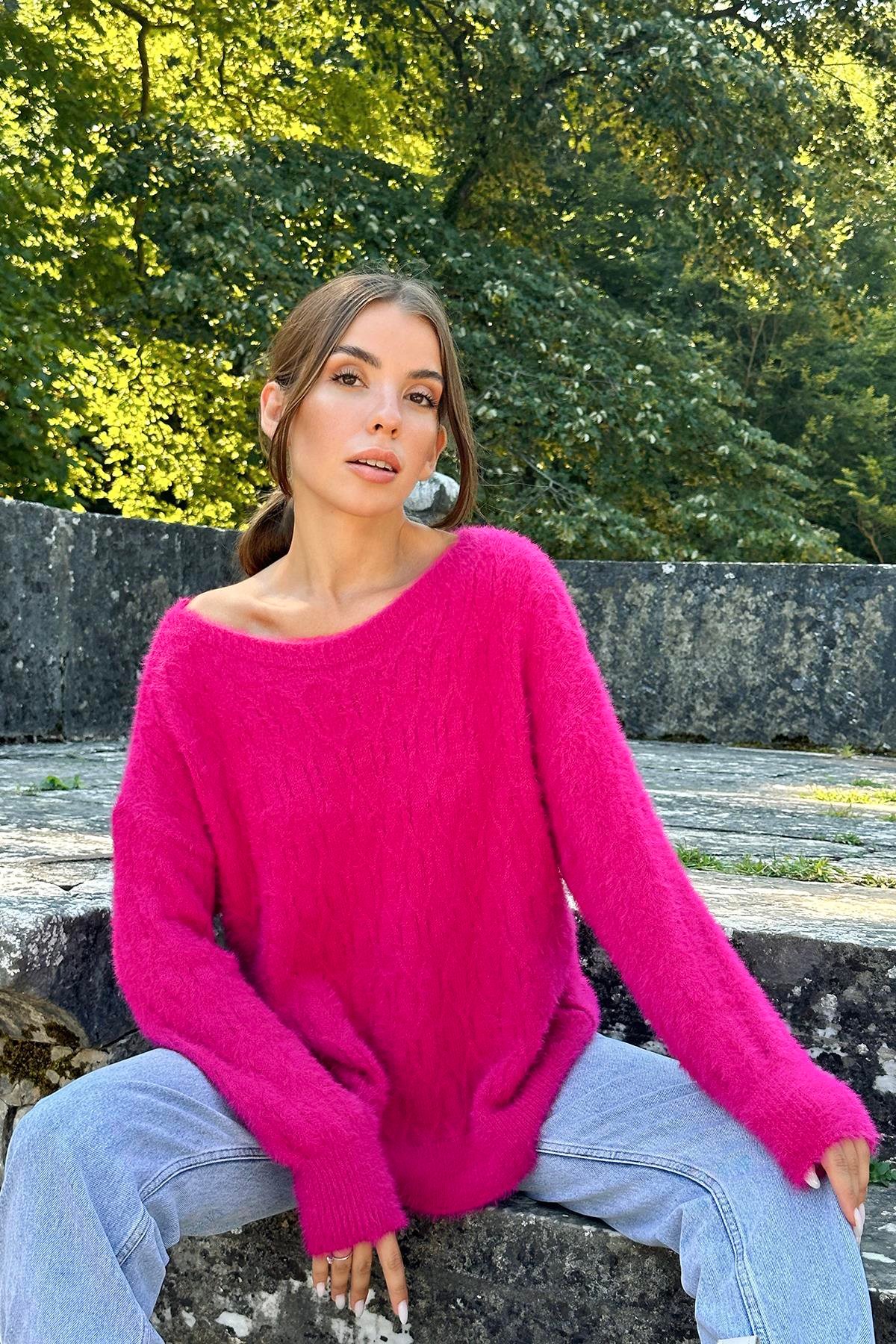 Baklava Desenli Triko Kazak - Fuşya