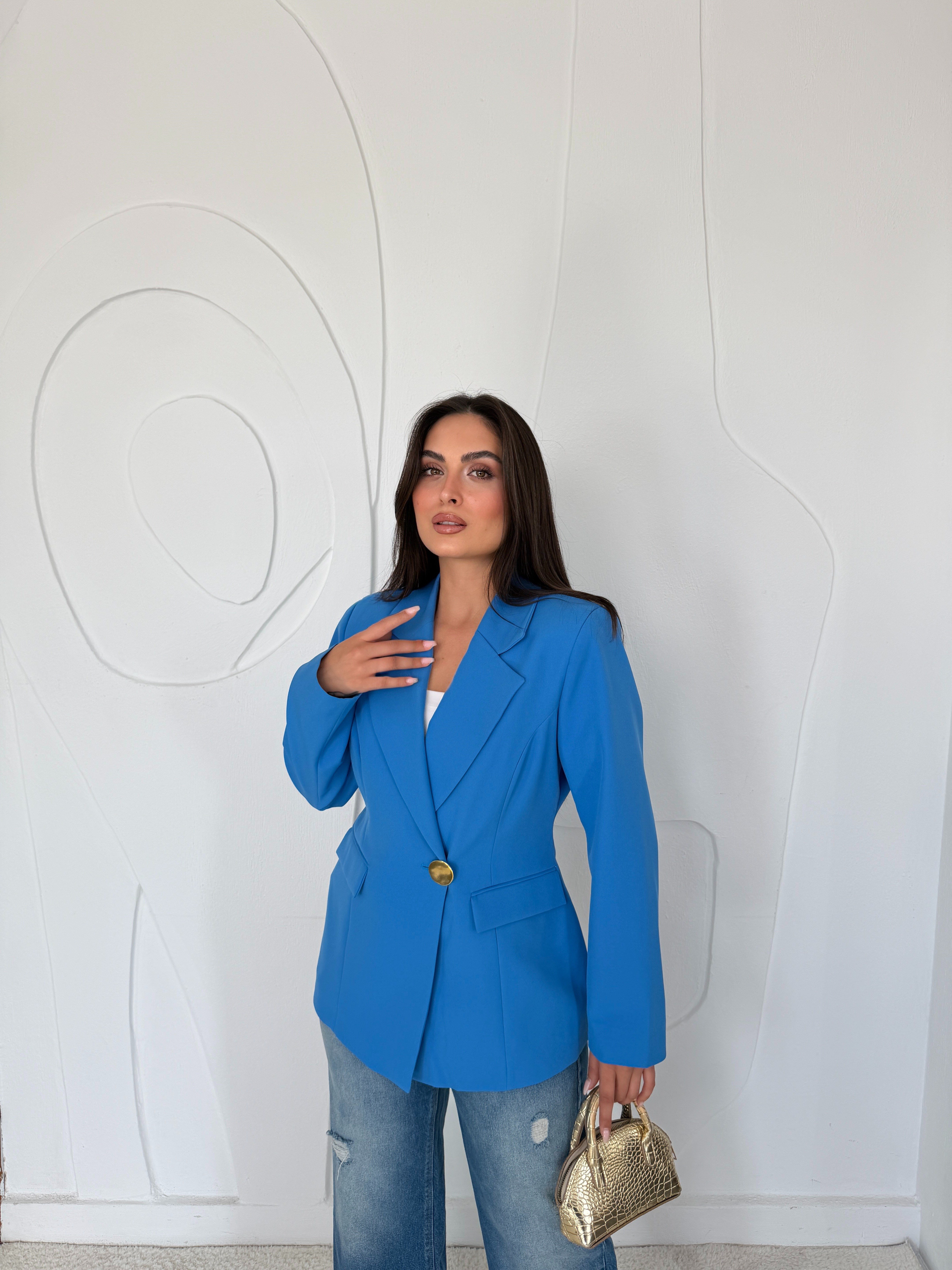 Bebe Mavi Gold Düğme Detaylı Belden Oturtmalı Blazer Ceket