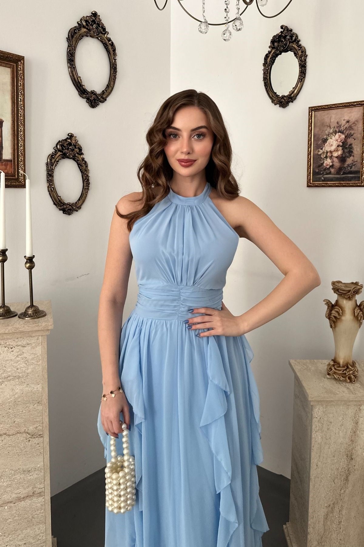 Bebe Mavi Halter Yaka Astarlı Elbise