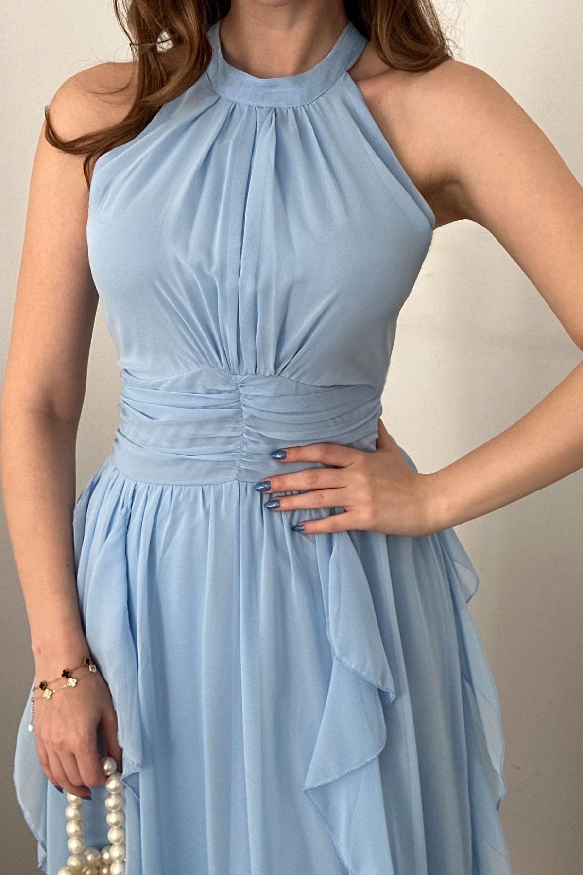 Bebe Mavi Halter Yaka Astarlı Elbise