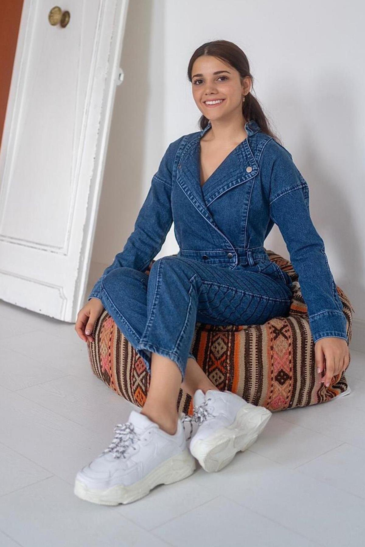 Beli Kemerli ve Nakışlı Tulum - Mavi