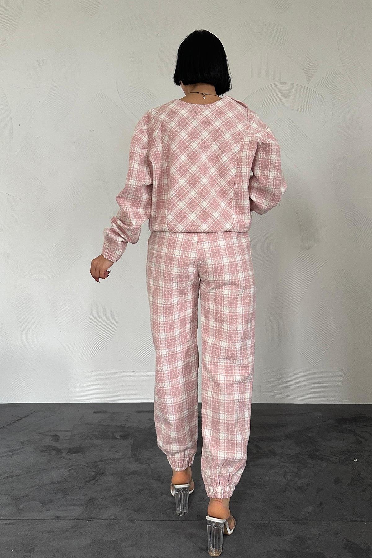Beli Lastikli Bluz ve Pantolon Takım - Pembe