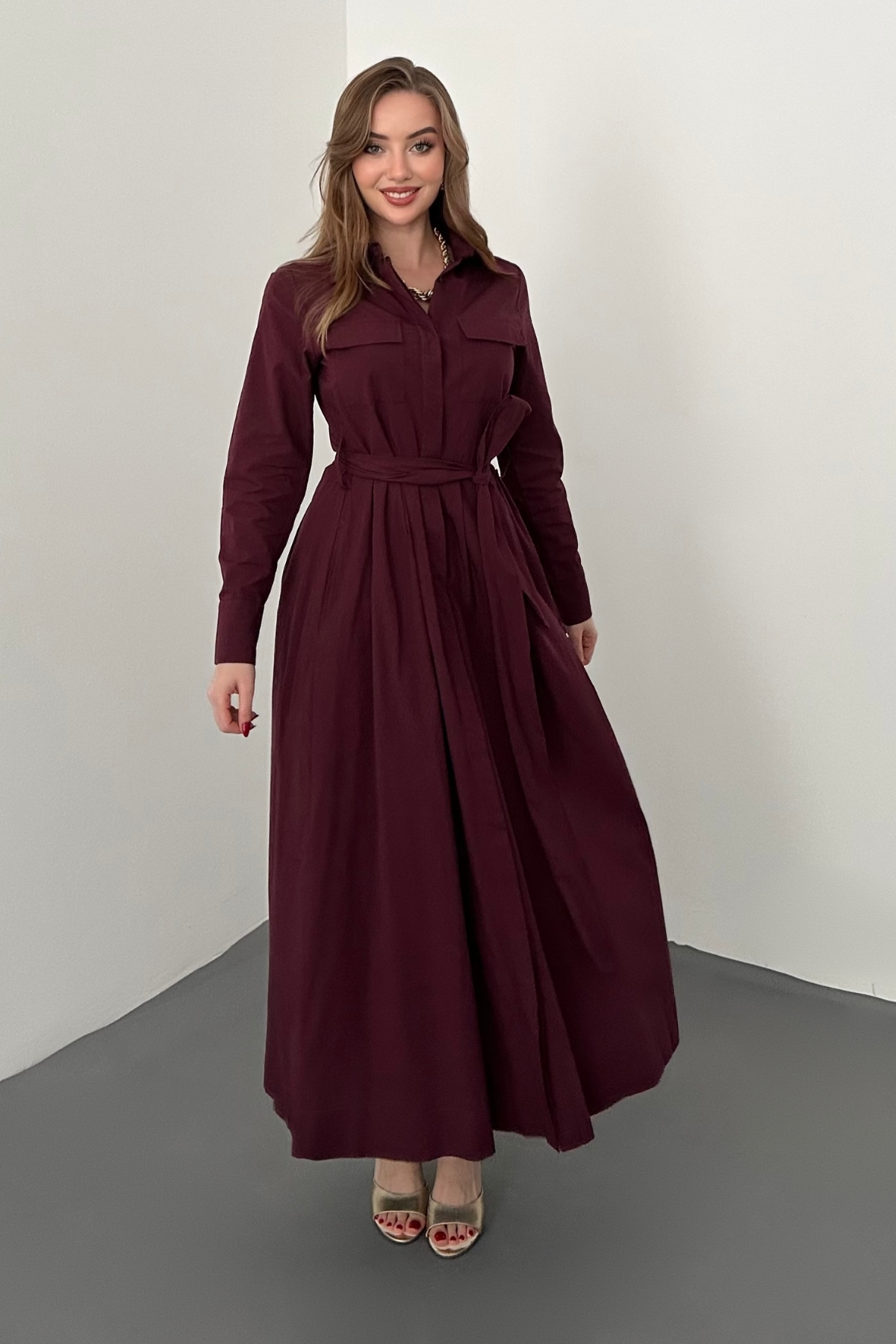 Bordo Düğmeli Poplin Elbise