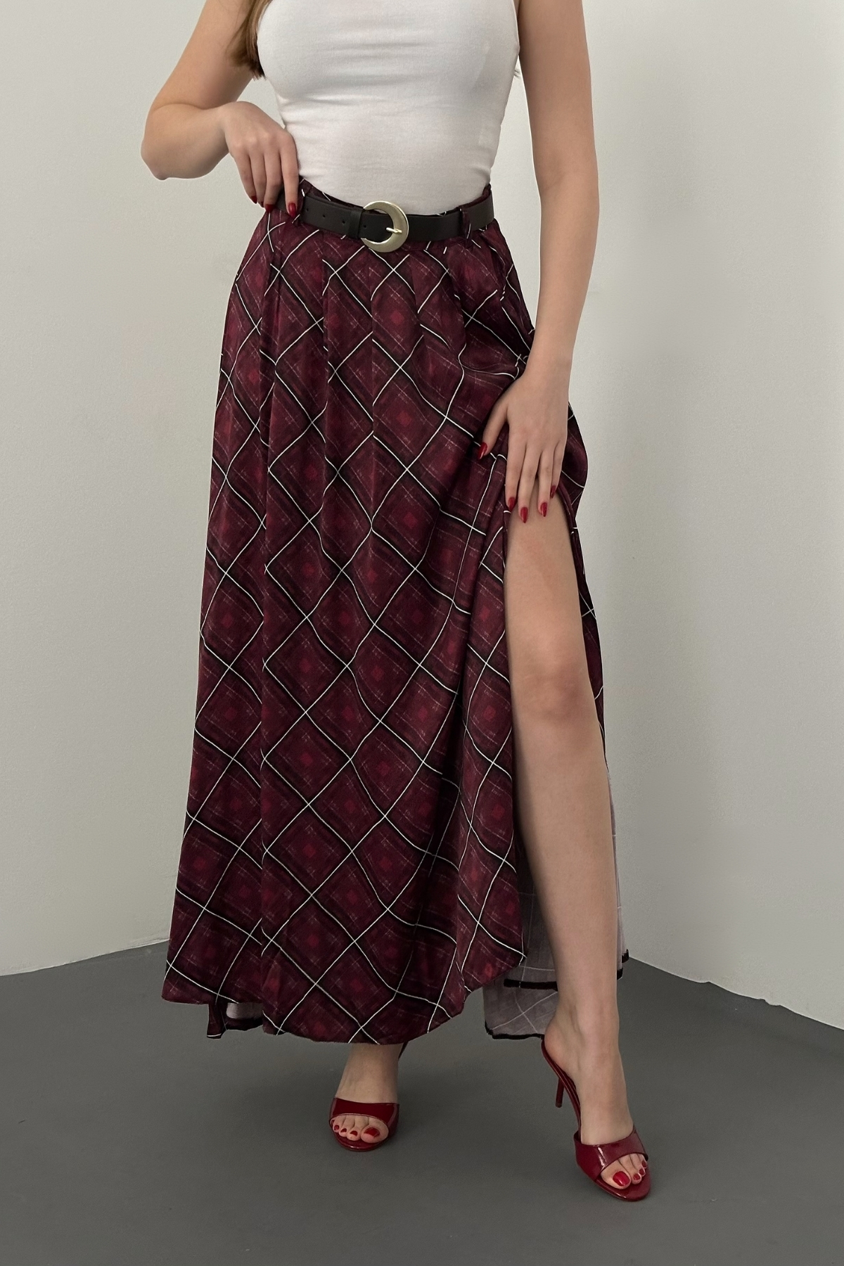 Bordo Ekoseli Saten Etek