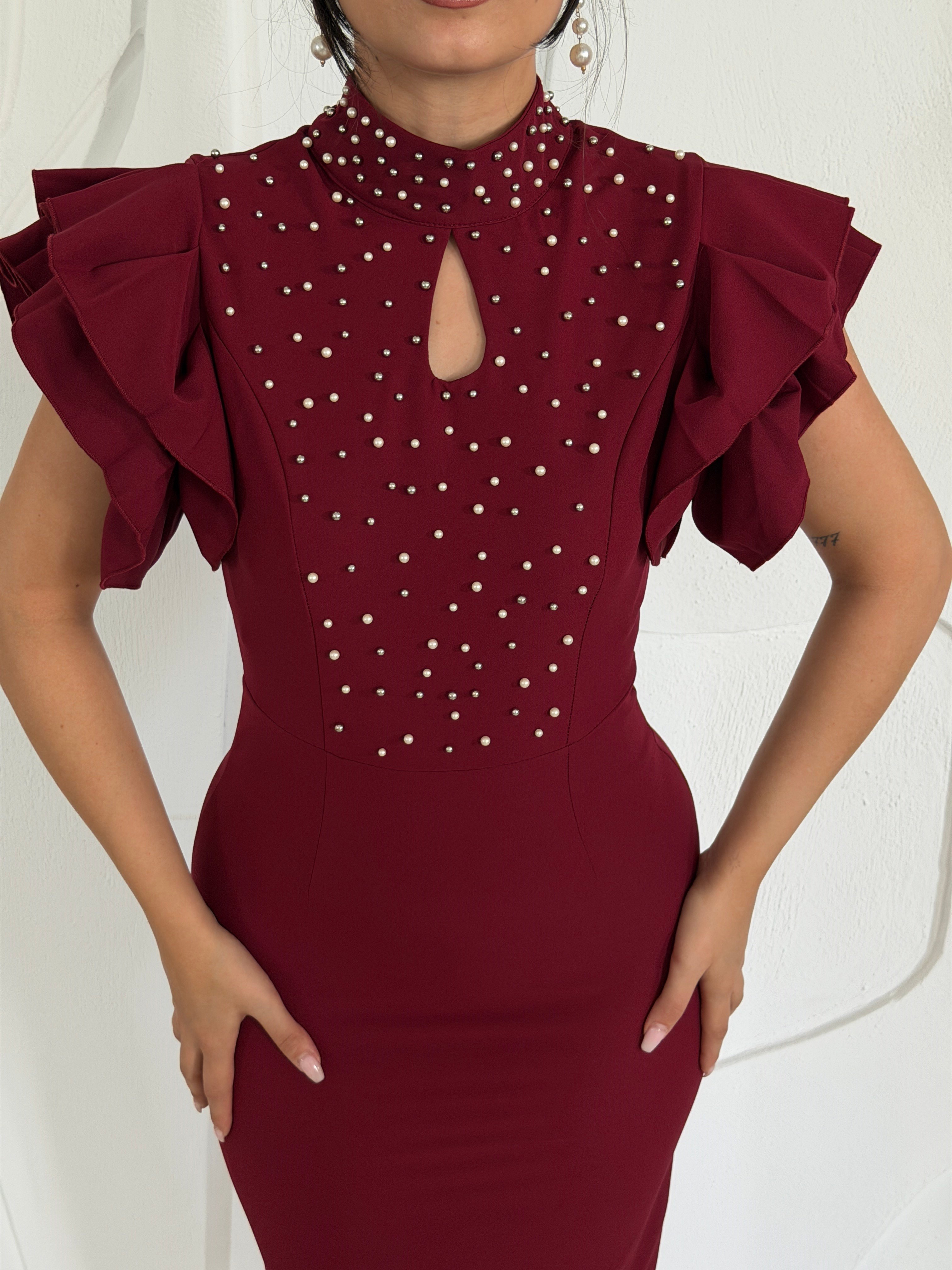 Bordo Işıltılı Elbise