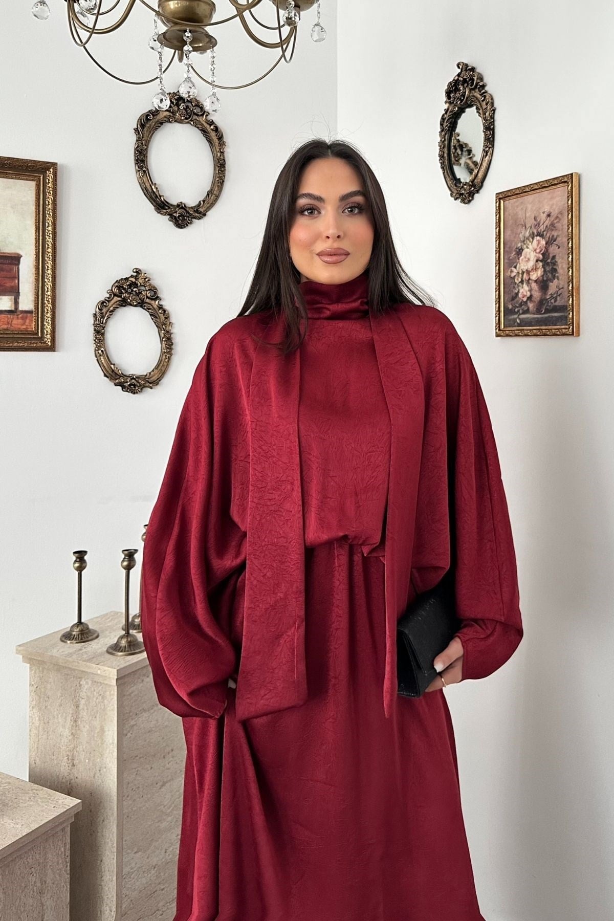 Bordo Jakarlı Saten Elbise