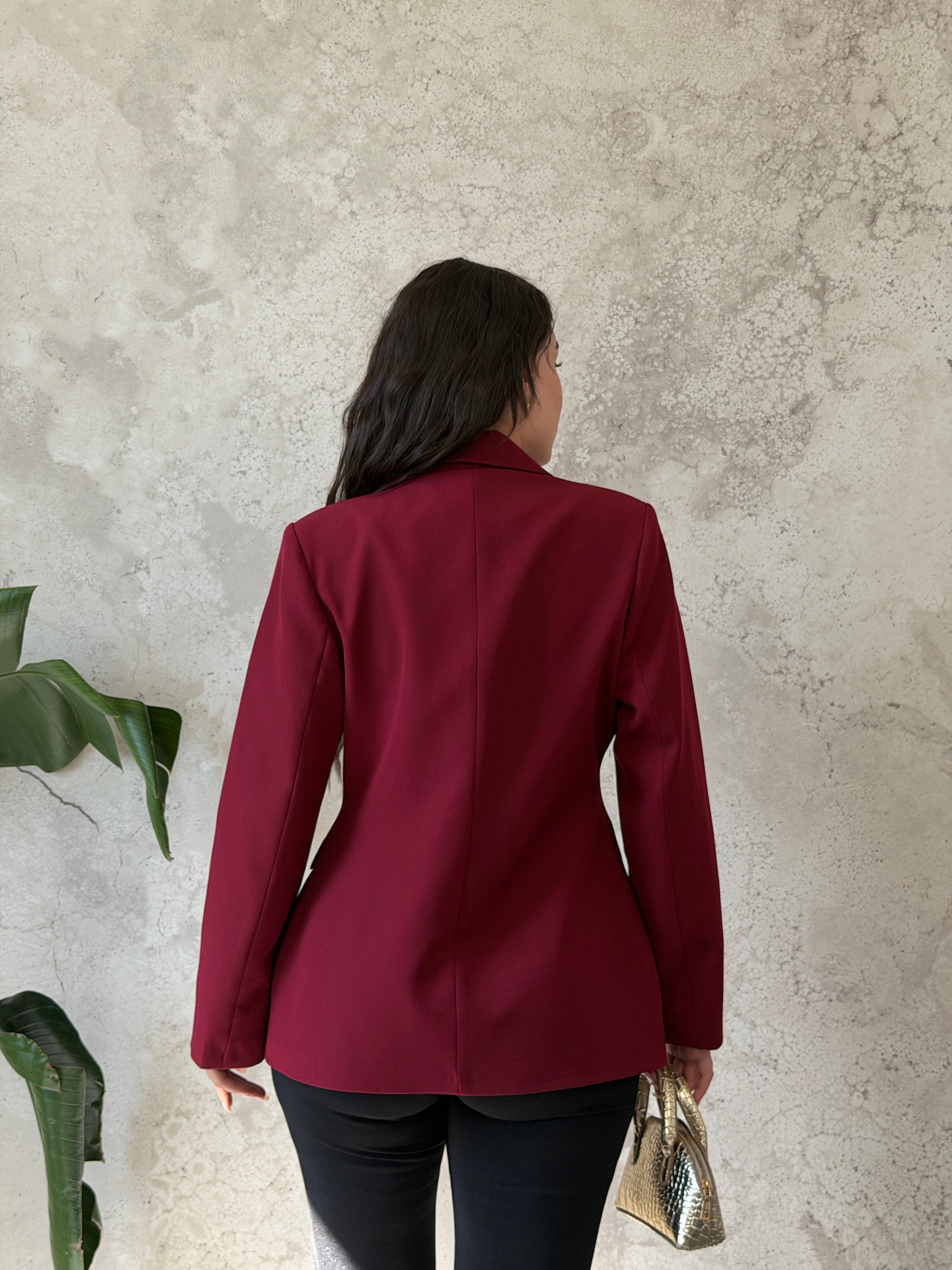 Bordo Kadını Belden Oturtmalı Blazer Ceket