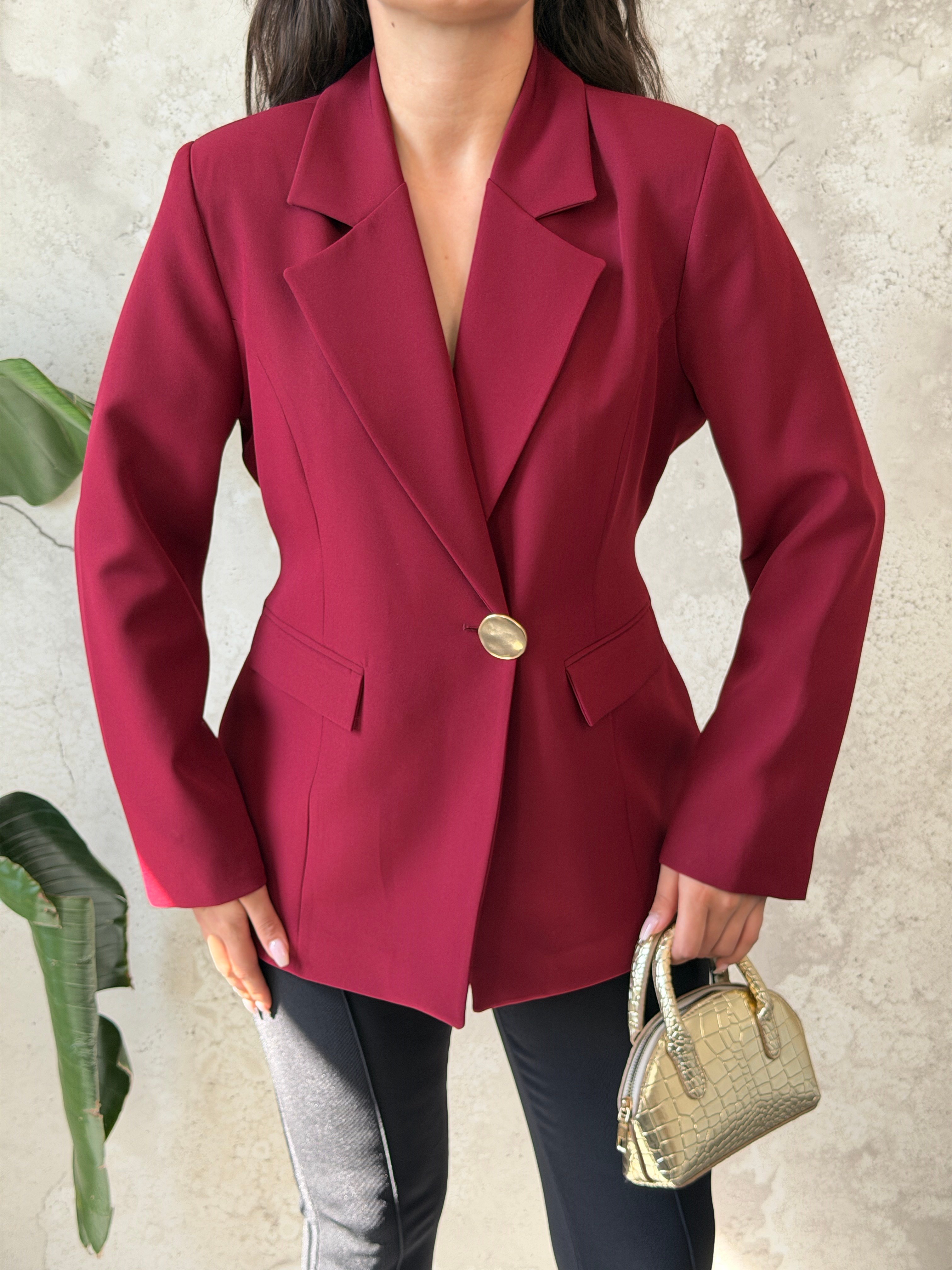Bordo Kadını Belden Oturtmalı Blazer Ceket