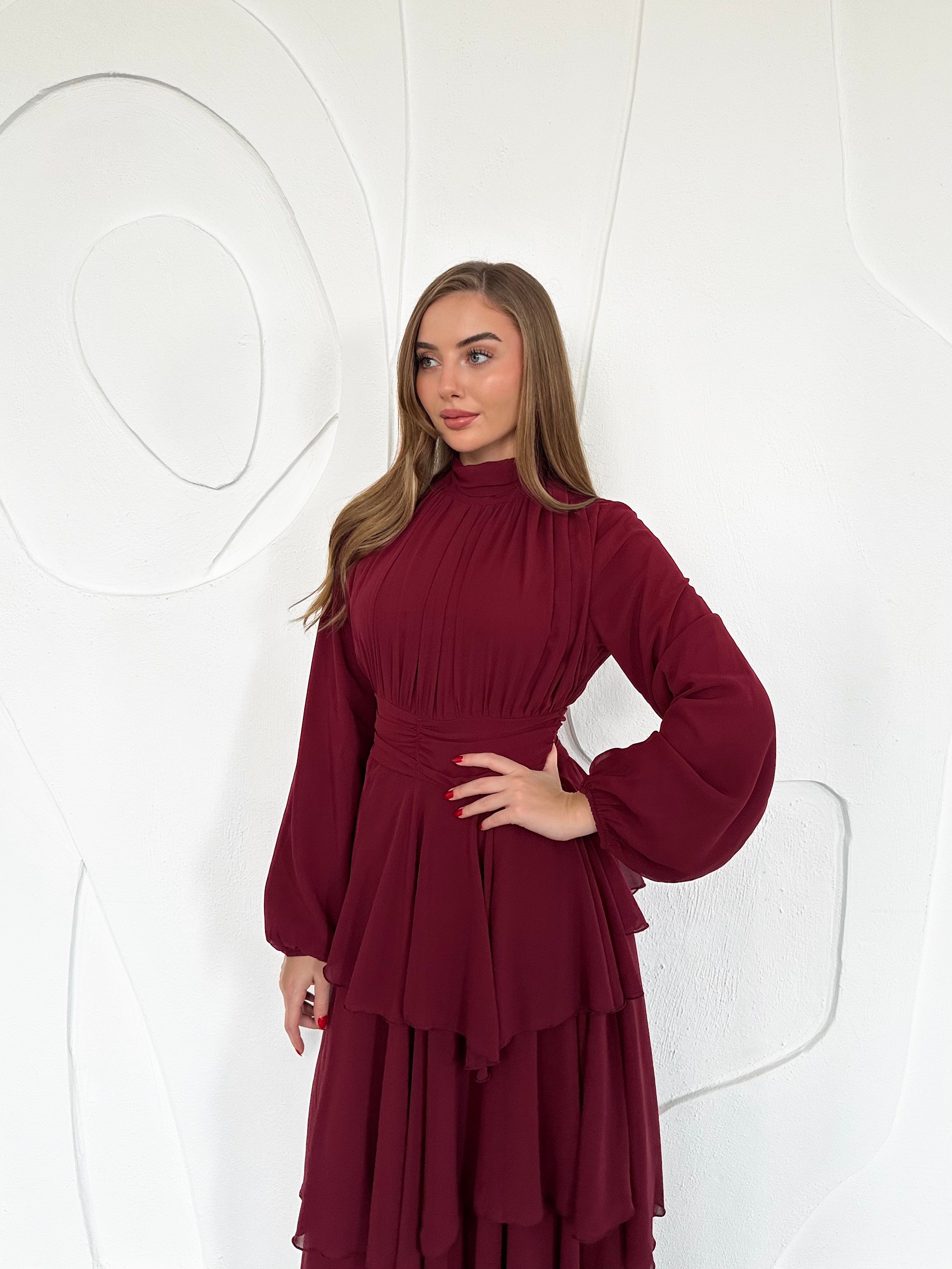 Bordo Kat Kat Bel Detaylı Elbise