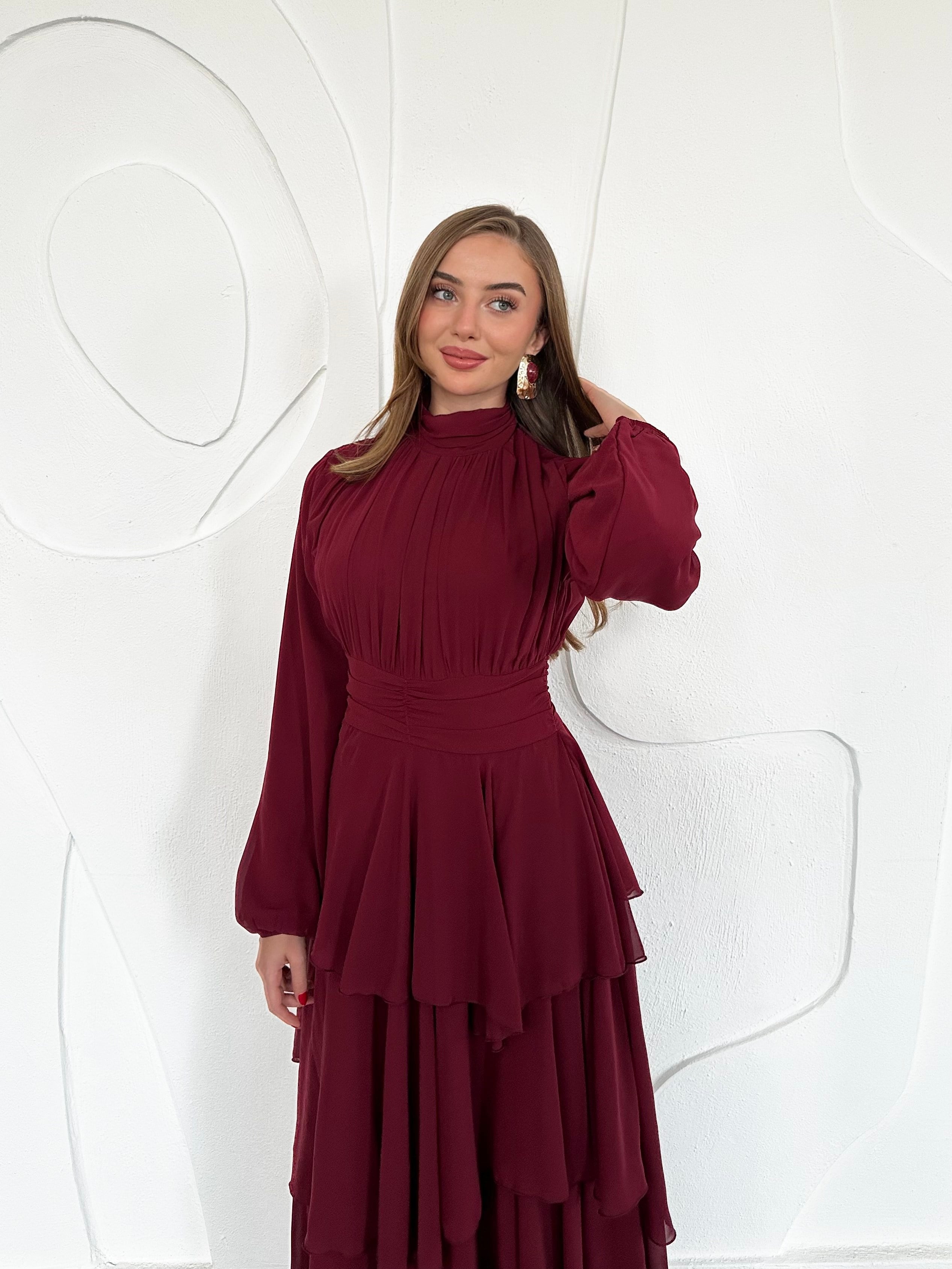 Bordo Kat Kat Bel Detaylı Elbise