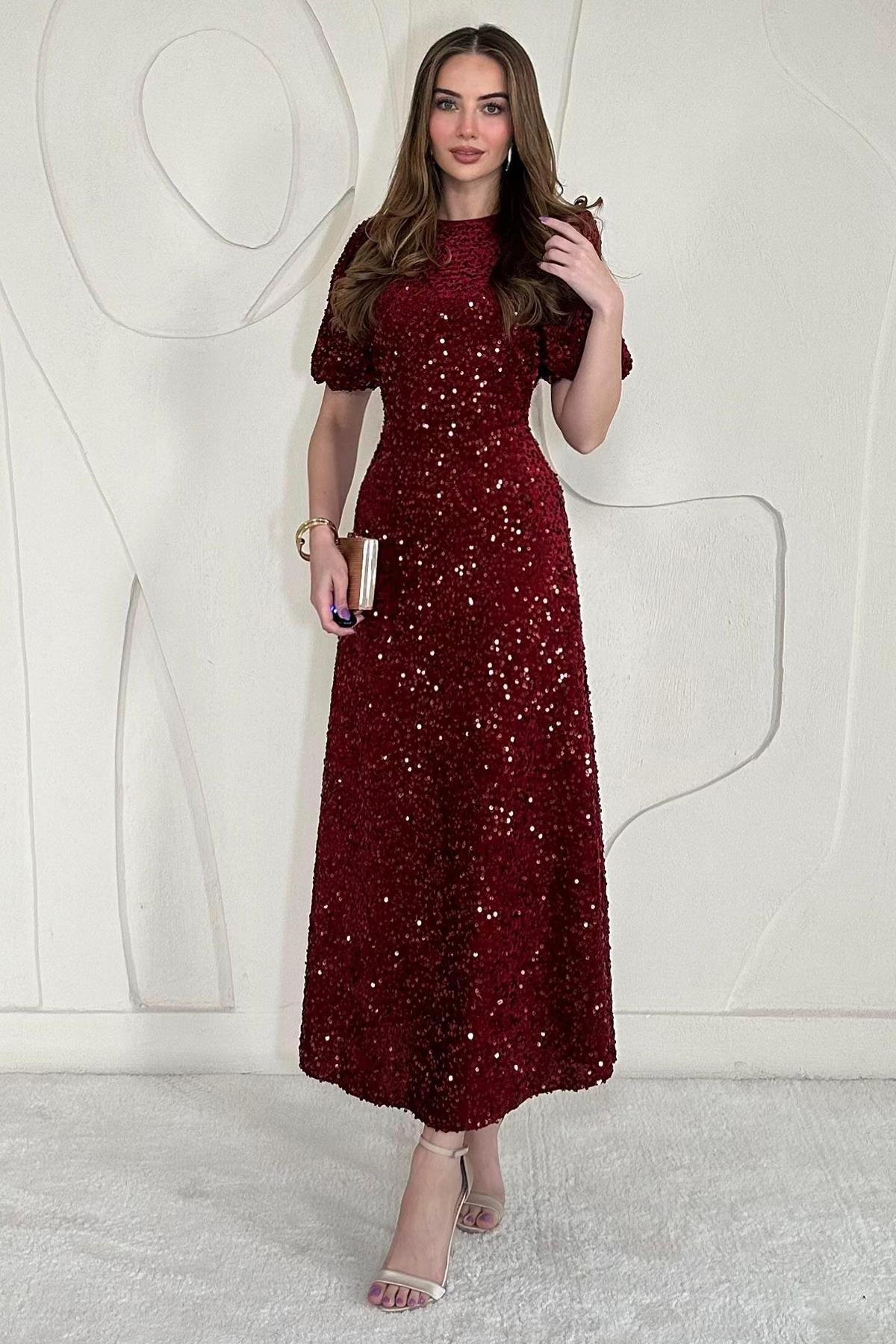 Bordo Midi Boy Pul Payet Bordo Elbise