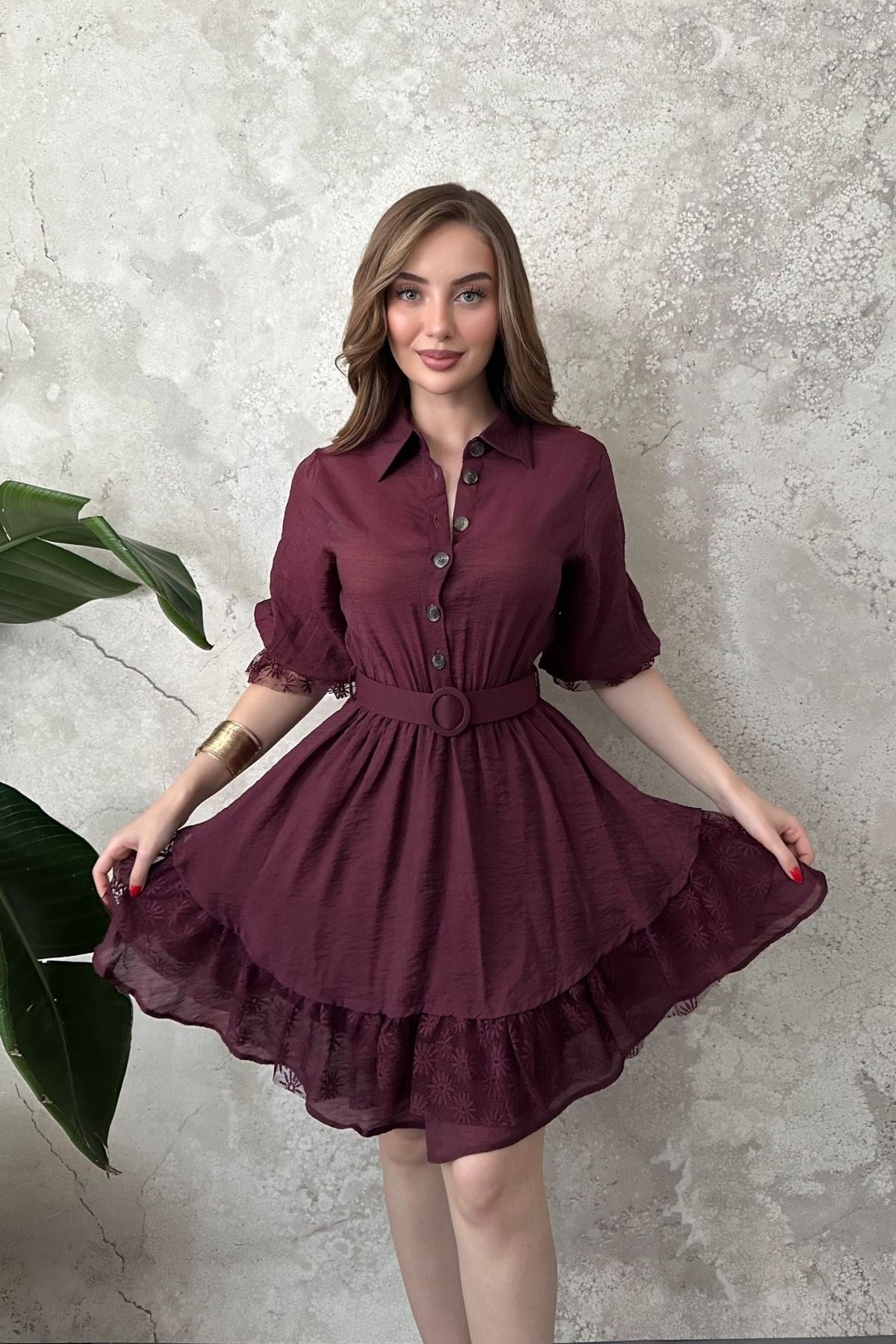 Bordo Önü Patlı Dantelli Elbise