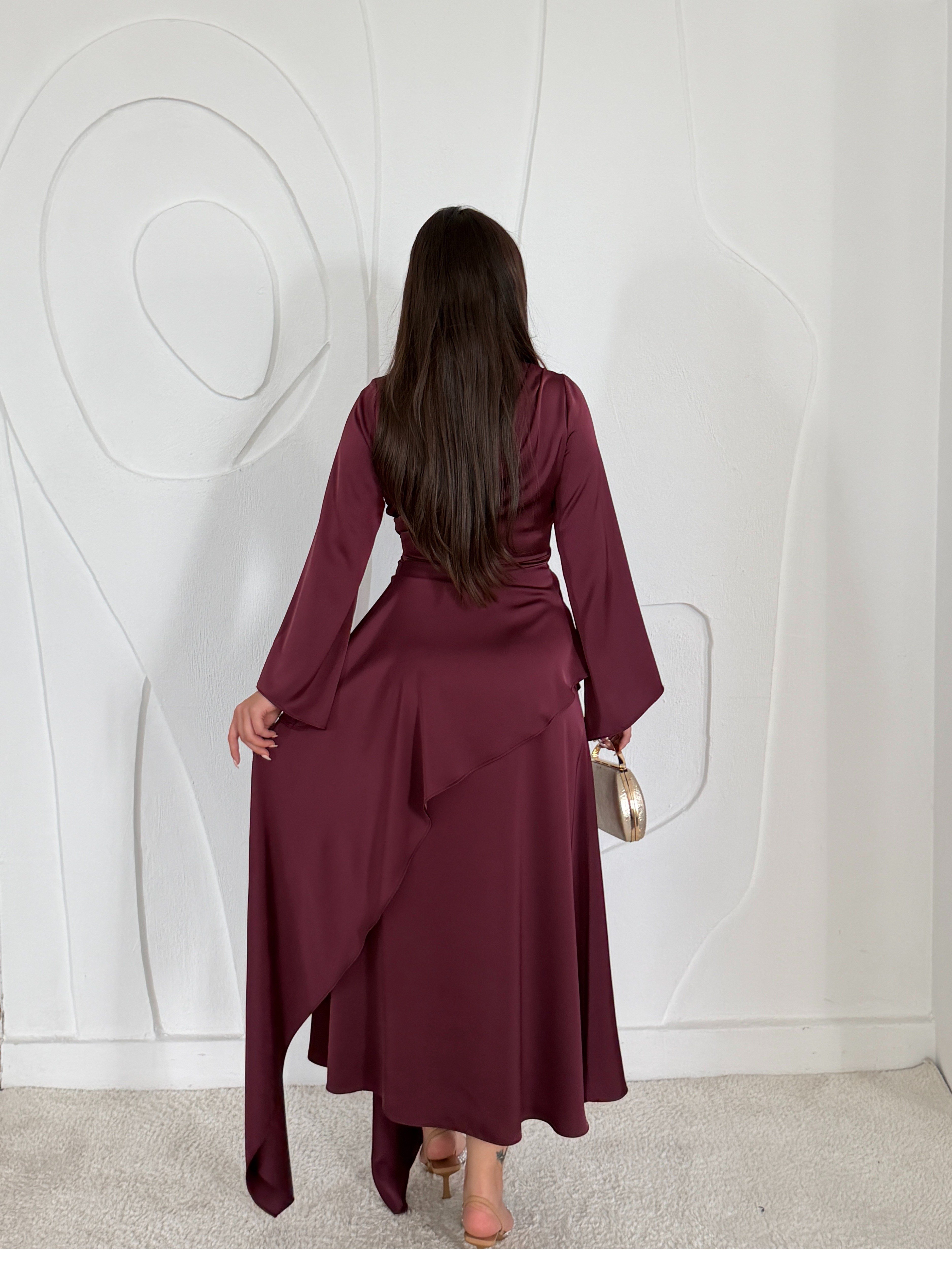 Bordo Yandan Bağlamalı Saten Elbise