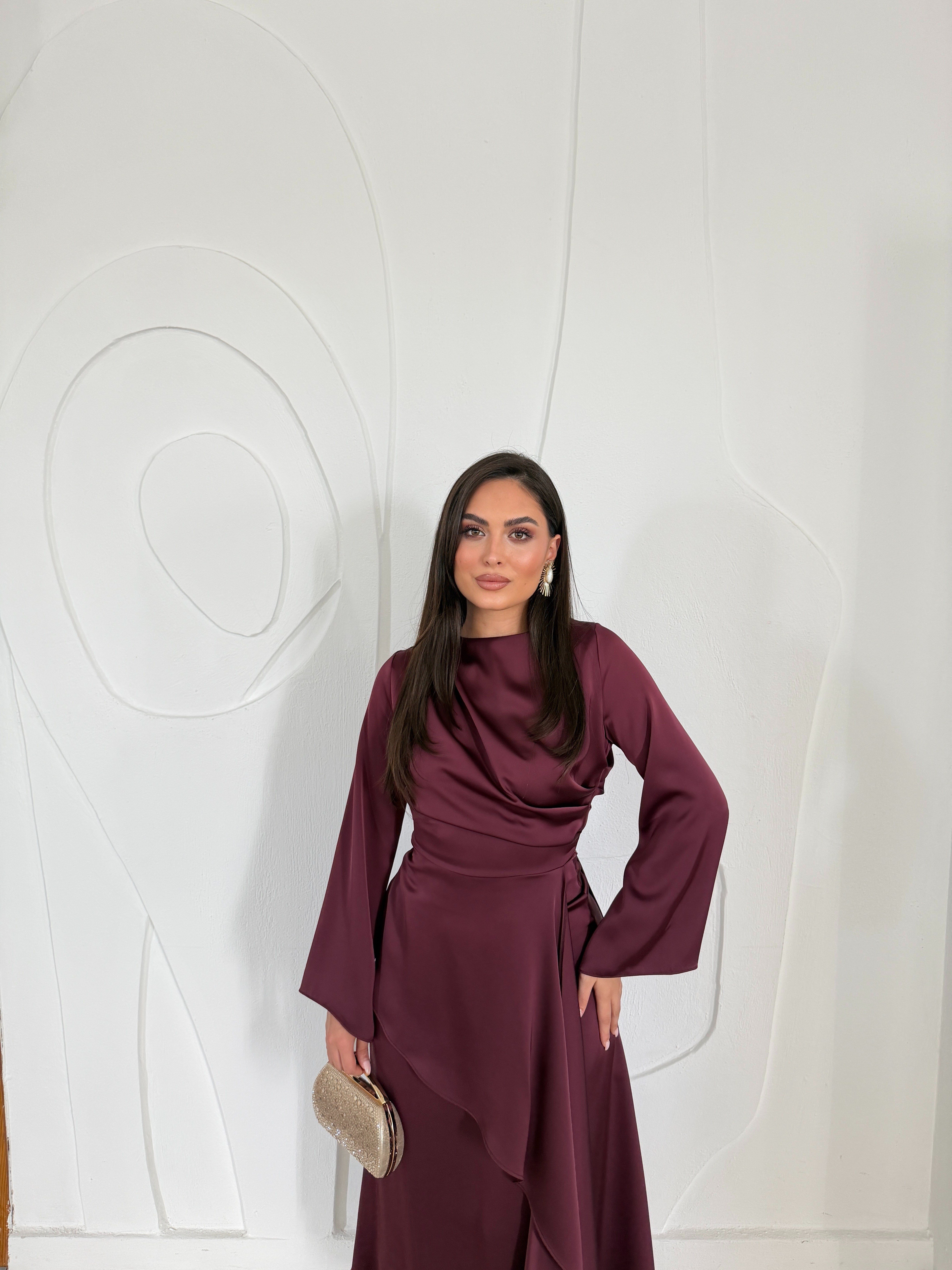 Bordo Yandan Bağlamalı Saten Elbise